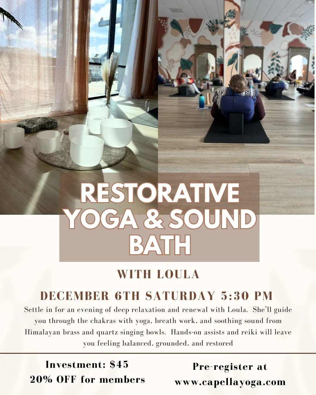 ✨ Restorative Yoga + Sound Bath with @loula_belle_ 
Saturday, December 6th &bull; 5:30 PM

Investment: $45
(20% off for all monthly members)

Take a pause in the midst of the holiday rush and give yourself the gift of deep rest. Loula&rsquo;s restora