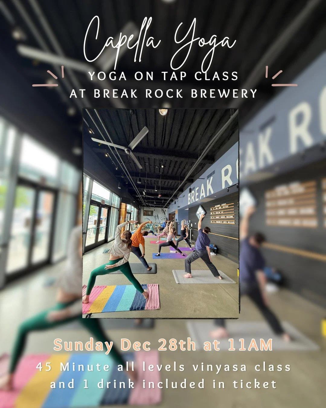Stil🍻🧘&zwj;♀️ Yoga on Tap 

Join us Saturday, December 28th at 11:00 AM for a 45-minute all-levels vinyasa flow with a special guest appearance from @karmadawn  at Break Rock Brewery! Trust us you won't regret meeting Karma on your mat on a Sunday 