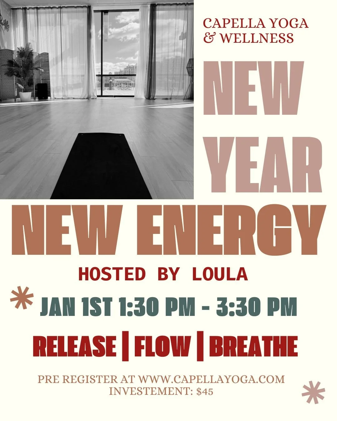 Join us for a special New Year&rsquo;s Day yoga class hosted by @loula_belle_ 

This event is dedicated to surrendering the past and opening yourself to the limitless possibilities of the year ahead. This mindful practice will blend journaling prompt