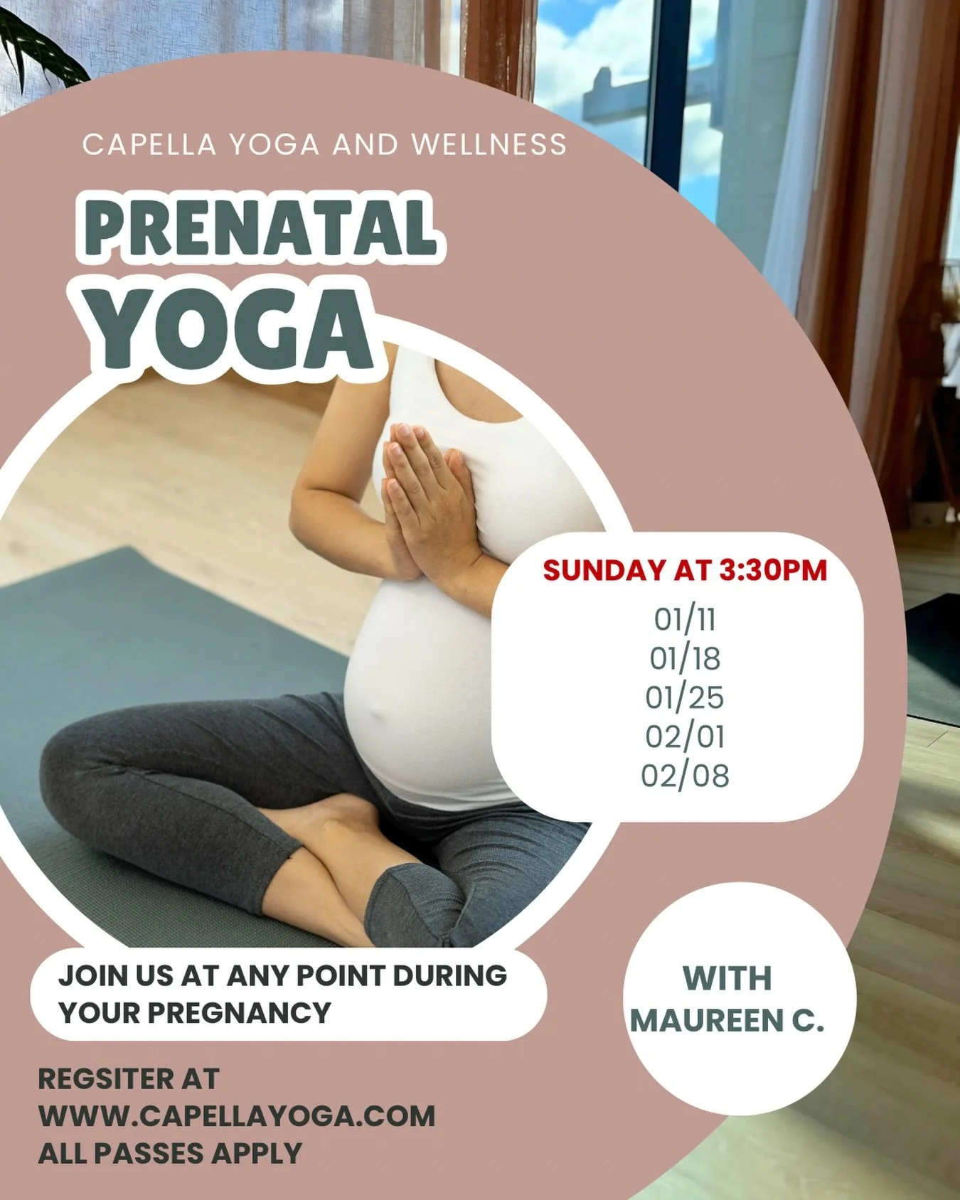 Prenatal Yoga at Capella with @yoga_4maureen 

Expecting and looking for mindful movement + community? Our Prenatal Yoga classes with Maureen are back &mdash; and they always fill quickly. ✨

🗓 Sundays at 3:30 PM
&bull; 01/11
&bull; 01/18
&bull; 01/