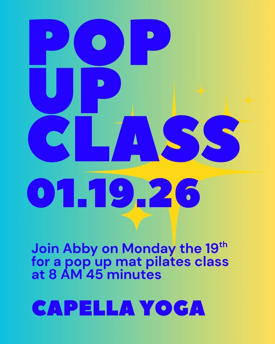 Pop-Up Mat Pilates with Abby ✨

Join Abby for a 45-minute Mat Pilates pop-up focused on strength, control, and mindful movement. Expect intentional core work, full-body toning, and that deep, effective burn Pilates is known for &mdash; all wrapped in