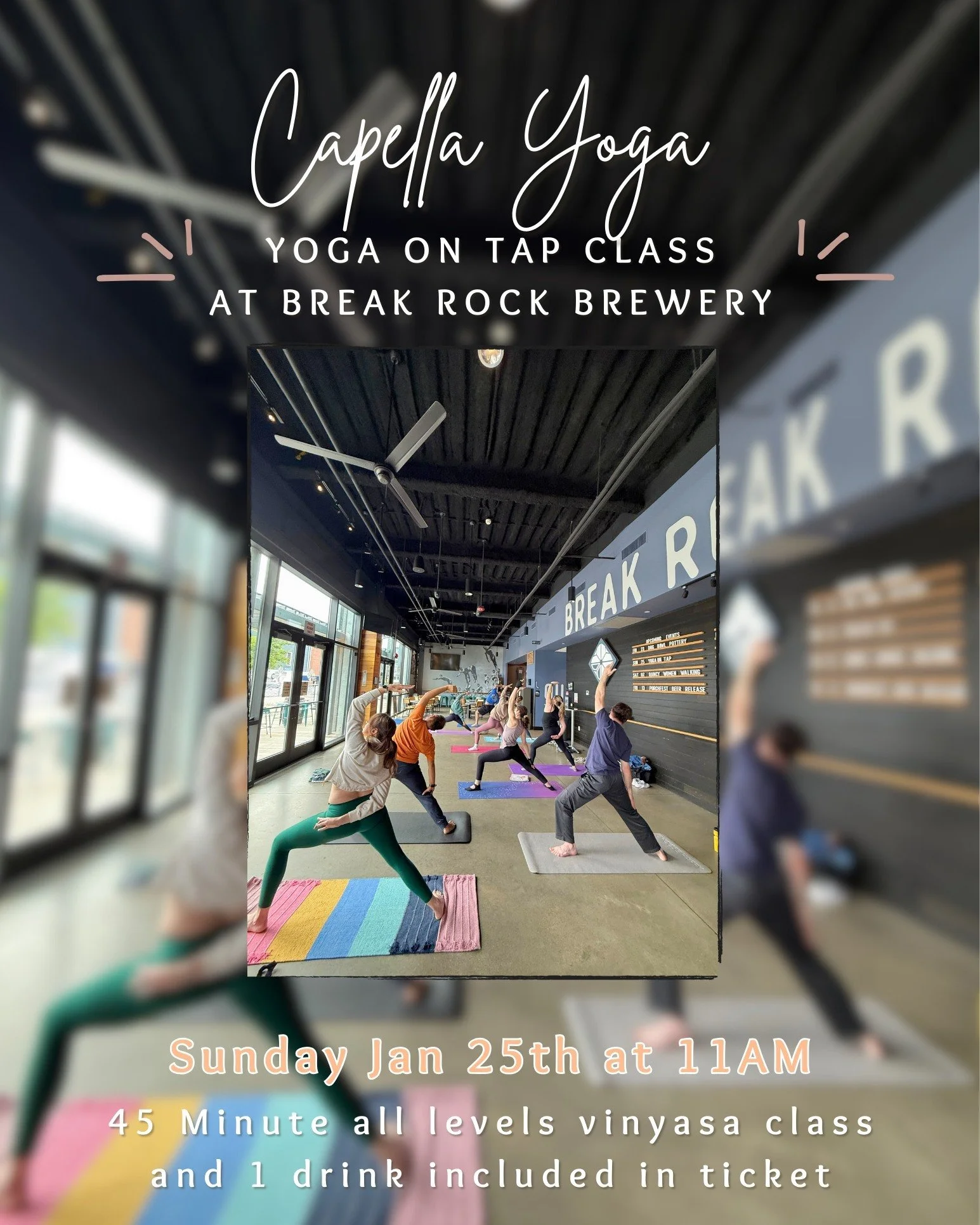 JanuaryYoga on Tap ! ✨
Join Karma for a 45-minute All Levels Vinyasa at Break Rock Brewery
📅 Sunday, January 25th
🕚 11:00 AM

Your ticket includes:
✅ Yoga class + 1 drink (beer / seltzer / NA options)

✨ All are welcome &mdash; come as you are!
🎟️