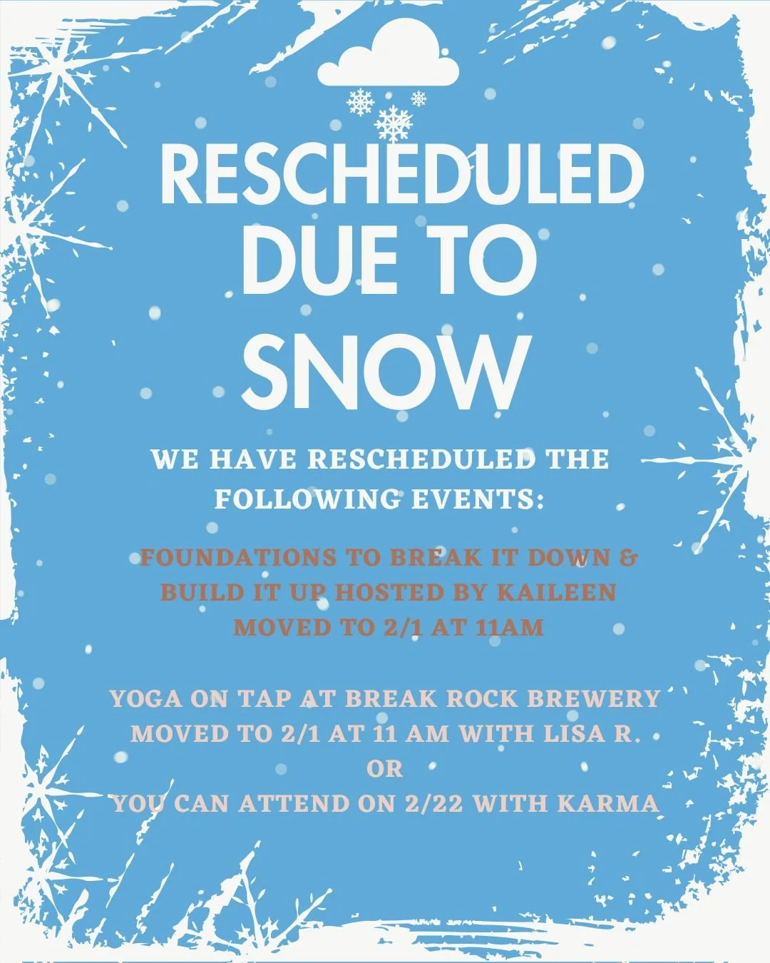 ✨ GOOD NEWS: We&rsquo;ll be reopening tomorrow &mdash; so bring those sore, shovel-weary bodies to the mat. You earned it. 🧘&zwj;♀️

During the storm, we had to reschedule 2 events.
If you had a reservation and haven&rsquo;t heard from us yet, pleas