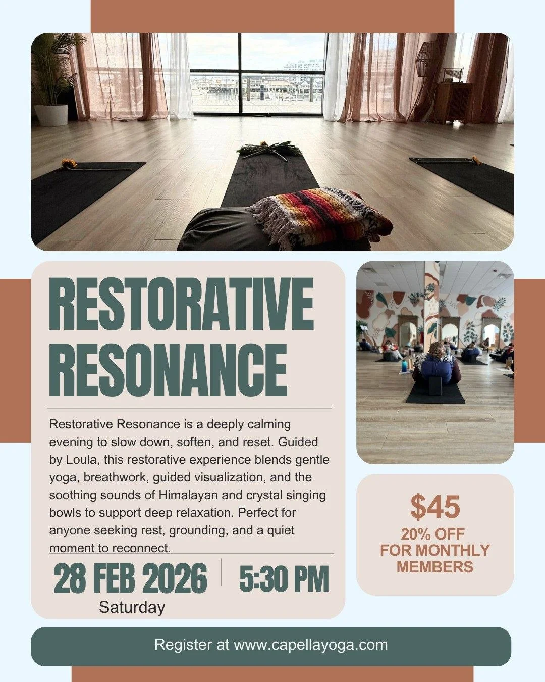 ✨ Restorative Resonance with @loula_belle_ 

Join us for a deeply nourishing evening designed to help you slow down, soften, and fully reset. Guided by Loula, Restorative Resonance weaves together gentle restorative yoga postures, breathwork, and gui