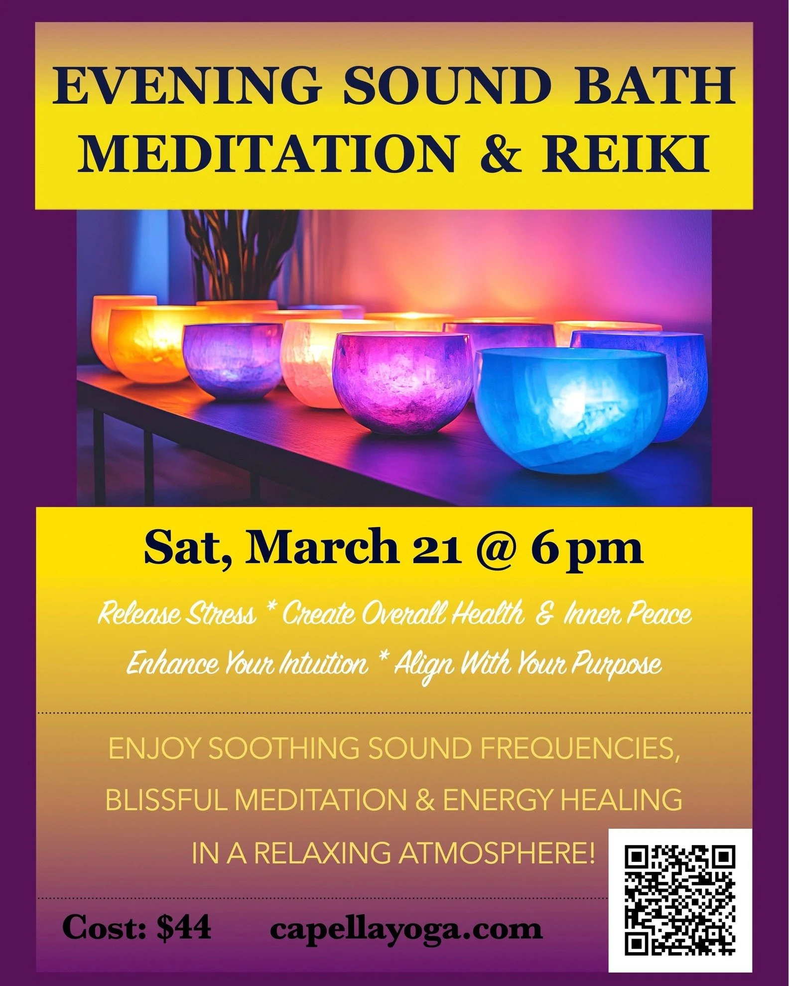 No better way to enter a new season than our monthly Evening Sound Bath Meditation and Reiki Event. @thrivewithkatalin  is back in studio on Saturday March 21st at 6 PM to bring you this amazing event you won&rsquo;t want to miss at Capella Yoga
.
Th