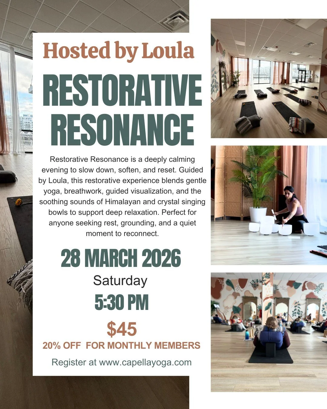 🌙 Restorative Resonance with @loula_belle_ 
Saturday, March 28th | 5:30 PM

Take an evening just for you.

Restorative Resonance is a deeply calming experience designed to help you slow down, soften, and reset. Guided by Loula, this special evening 