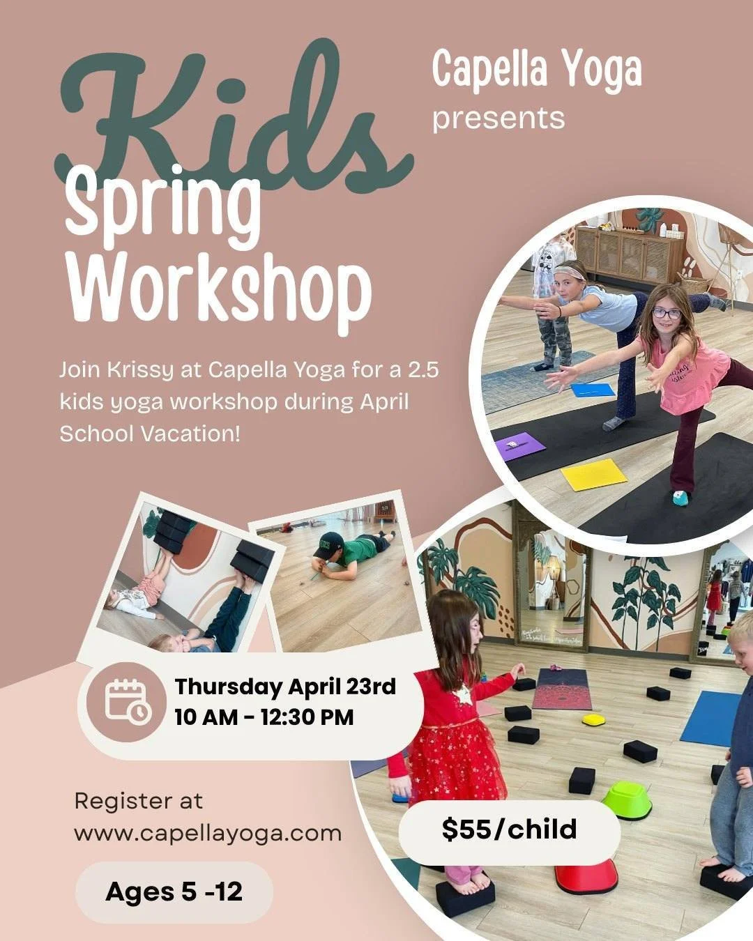April School Vacation plans ⬇

Krissy from @balabends is back at Capella. Join us  for a Spring-Themed Kids Yoga Workshop designed to keep your kids moving, creating, and having fun in a supportive space.

Thursday, April 23rd | 10:00 AM &ndash; 12:3