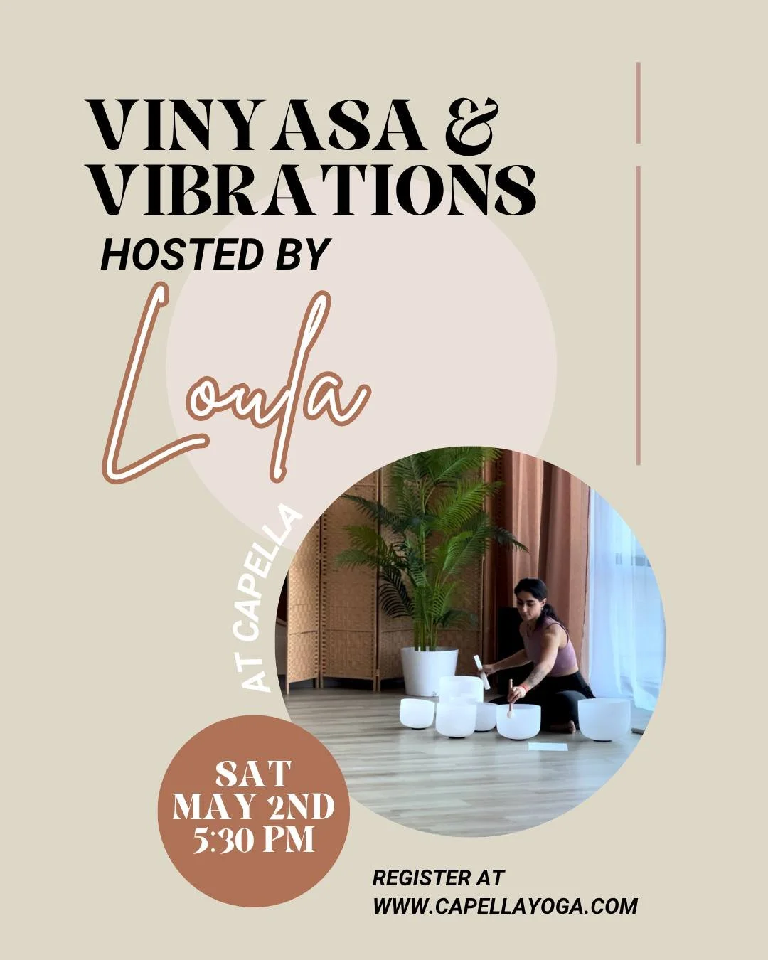 Vinyasa &amp; Vibrations ✨ hosted by @loula_belle_ 
Saturday, May 2nd | 5:30 PM
Investment: $45

A 90-minute experience designed to bring balance and ease to both body and mind.

Guided by Loula, this seasonal practice weaves together flowing movemen