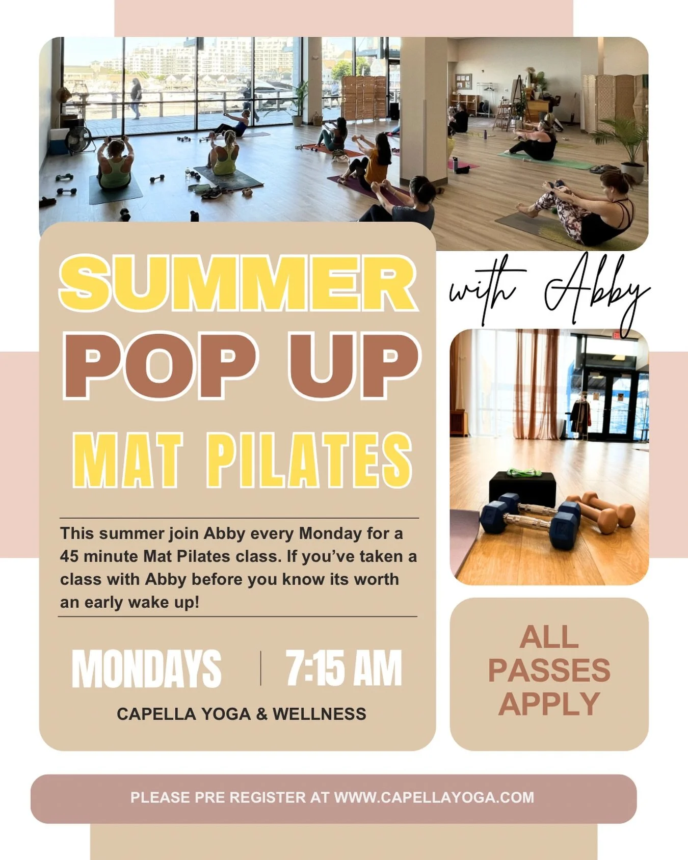 ☀️ Summer Pop Up Mat Pilates with @abbyrezendesmitchell 

Mondays in the Summer  at 7:15 AM

Start your week feeling stronger, more energized, and ready for whatever summer throws your way.

Mat Pilates is a low-impact, full-body workout focused on c