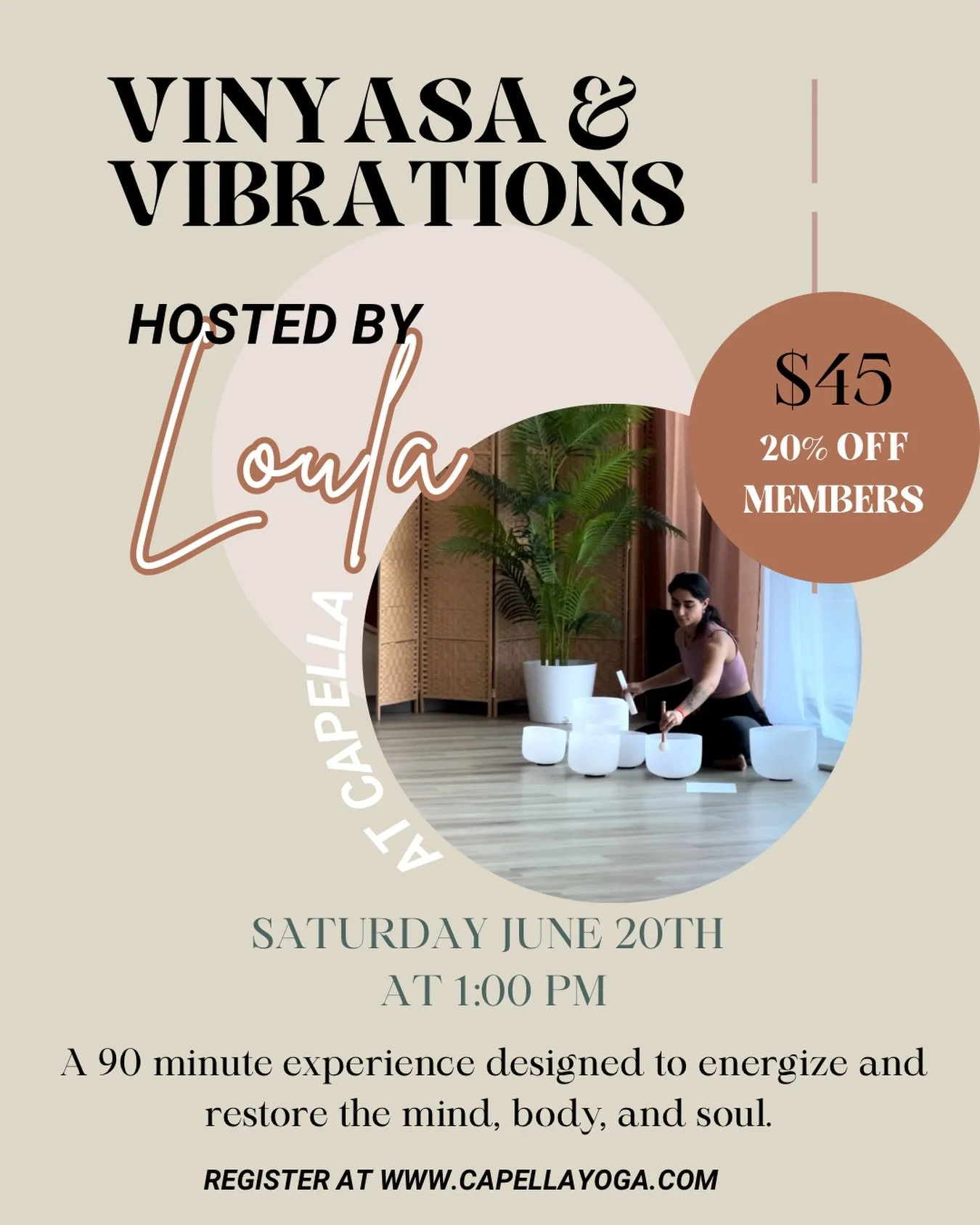 ✨ Vinyasa &amp; Vibrations with Loula ✨

 Friday, June 20th at 1:00 PM
 *Please note the time change from our usual schedule

Come spend your early afternoon relaxing, resetting, and reconnecting with yourself before summer slips into full speed. ☀️
