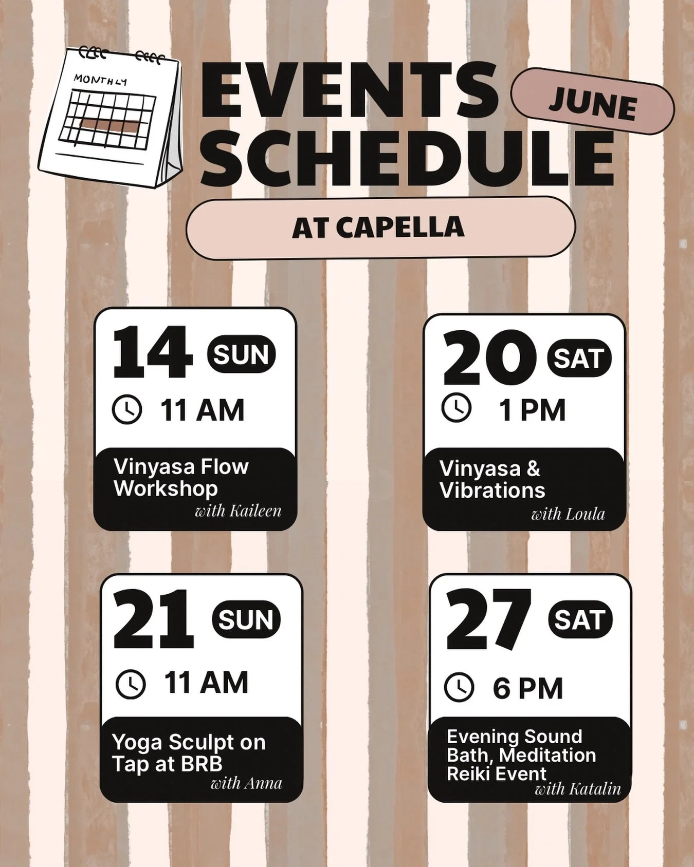 We will see you in June 👀 🌊 ✨

 Plenty of events and classes to go all around! Register for all events at www.capellayoga.com 

✨ June 14 | 11 AM
All Levels Vinyasa Workshop with @kaileenelizabeth 

✨ June 20 | 1 PM
Vinyasa &amp; Vibrations with @l
