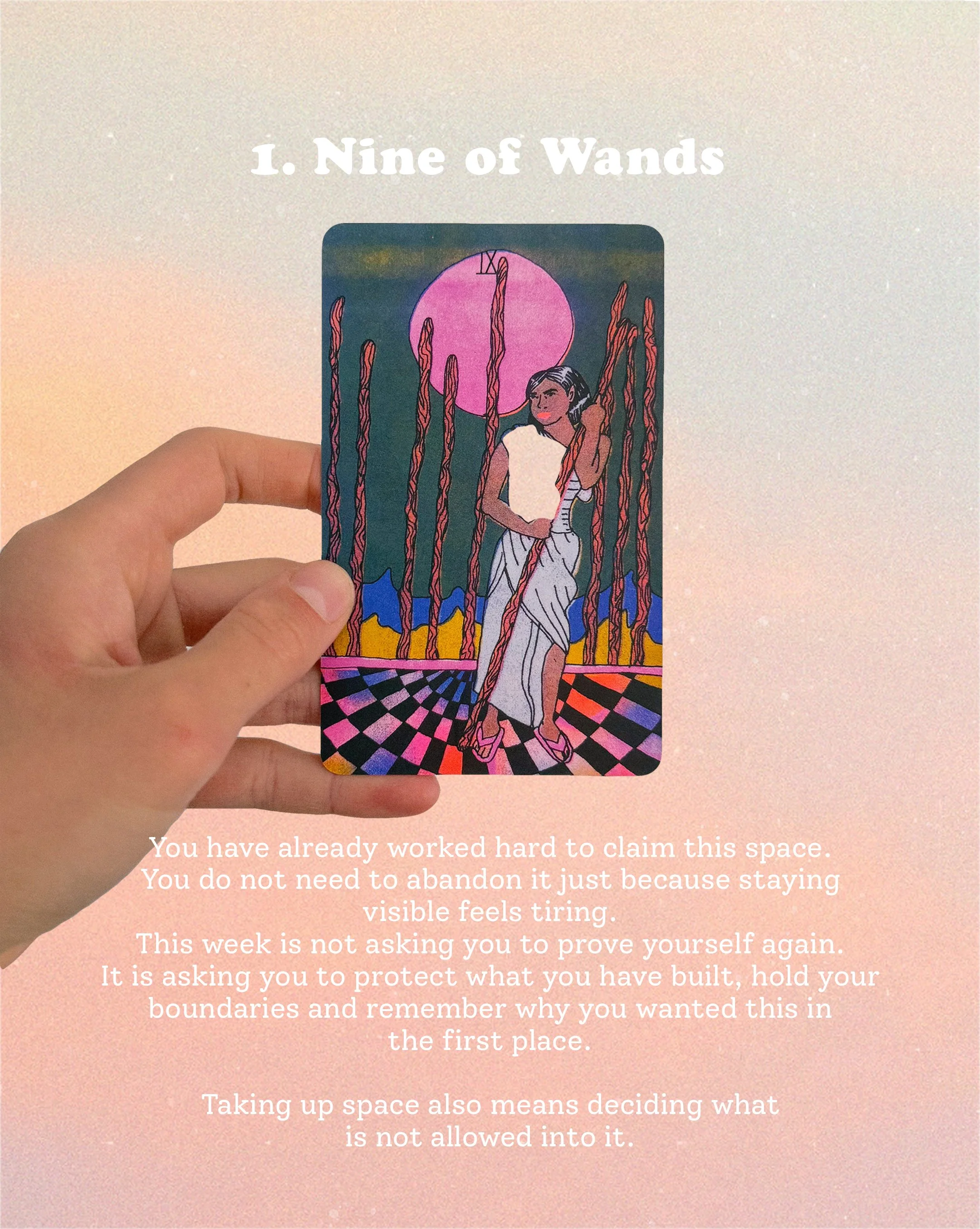 A Tarot card titled Nine of Wands held by a hand. The card features an illustrated woman with short hair in a white dress, surrounded by tall, twisted wands against a moonlit background.