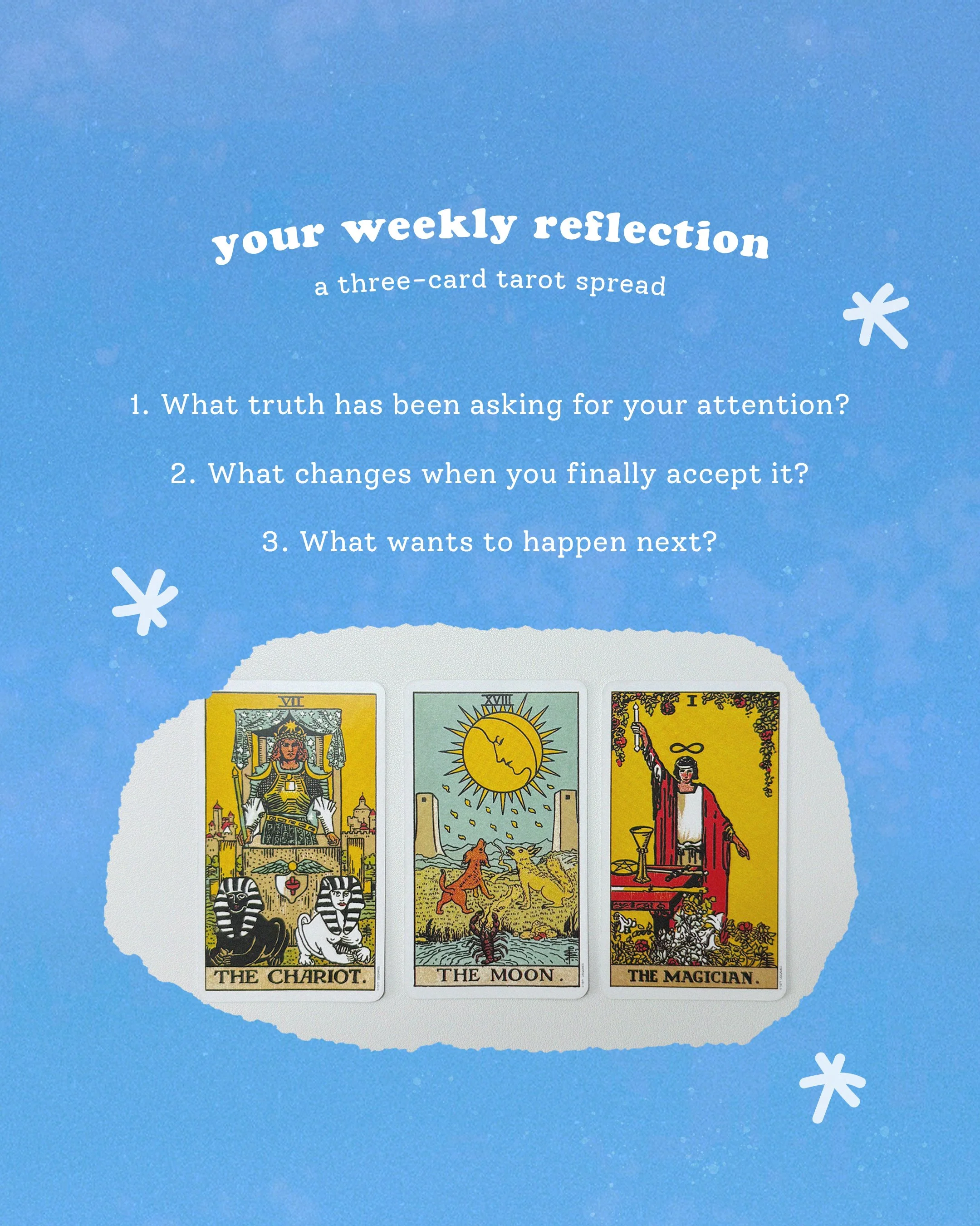 The image shows three Tarot cards laid out on a blue background with white decorative elements. The cards are The Chariot, The Moon, and The Magician.