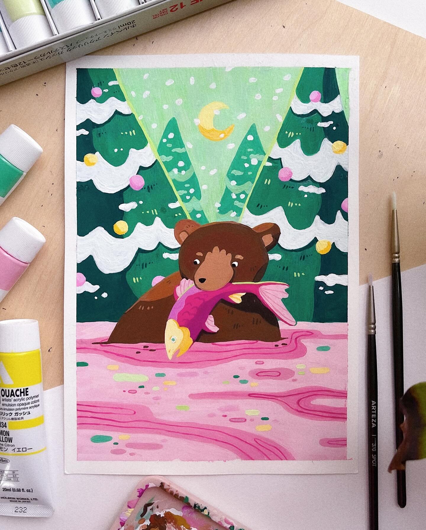 &lsquo;Bear and Salmon&rsquo; - something I painted in December and forgot to share before - painted with Acrylic Gouache paints which was my first time using them 🌝 

#bearillustration #bearandsalmon #bears #brownbearillustration #childrenillustrat