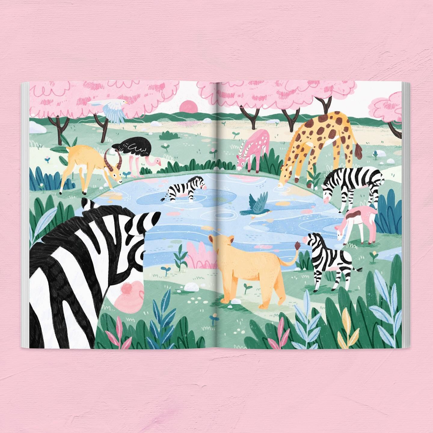 Excited to share my new illustration - &lsquo;Waterhole&rsquo; 🦓🦒🌿. 

I always wanted to illustrate a zebra and finally had a chance to do that 🤭 I think my favourite is the little one in the water - in case anybody&rsquo;s interested her name is