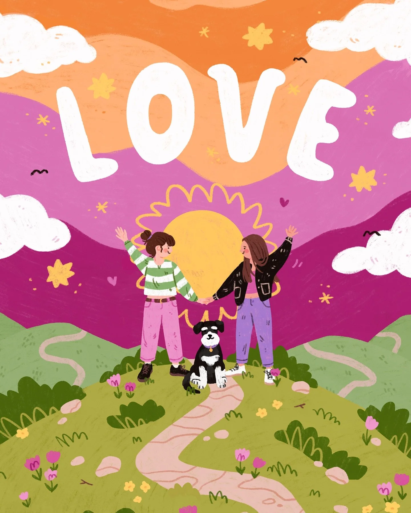 I meant to post this during the lesbian visibility week - but my ADHD had other plans and to be honest the illustration wasn&rsquo;t quite done yet either 😊
I had &lsquo;queer love&rsquo; written across the sky at first and then I thought - why does
