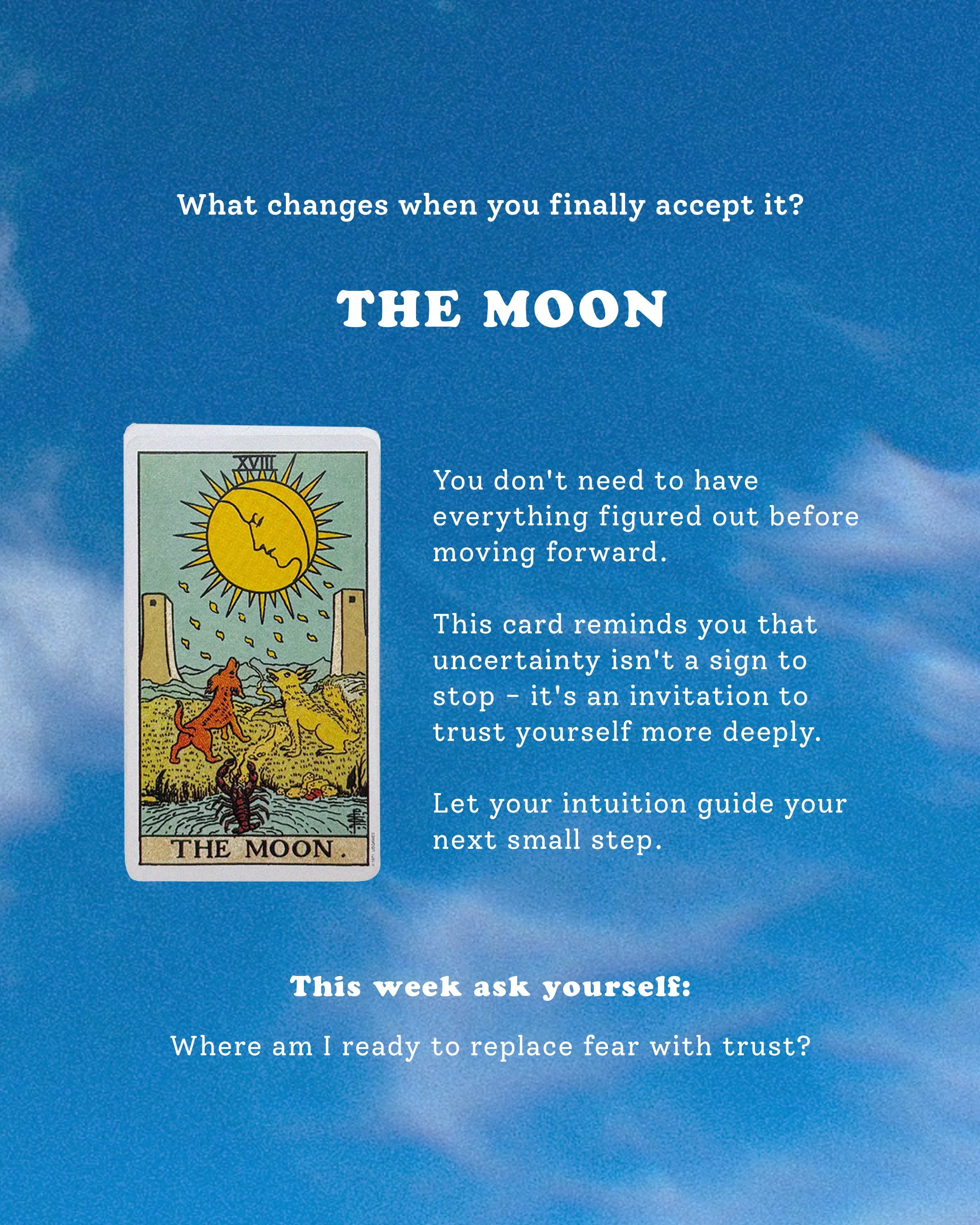A tarot card titled 'The Moon' with an illustration of a moon, a dog, a wolf, and a crayfish on a landscape, against a blue sky background.