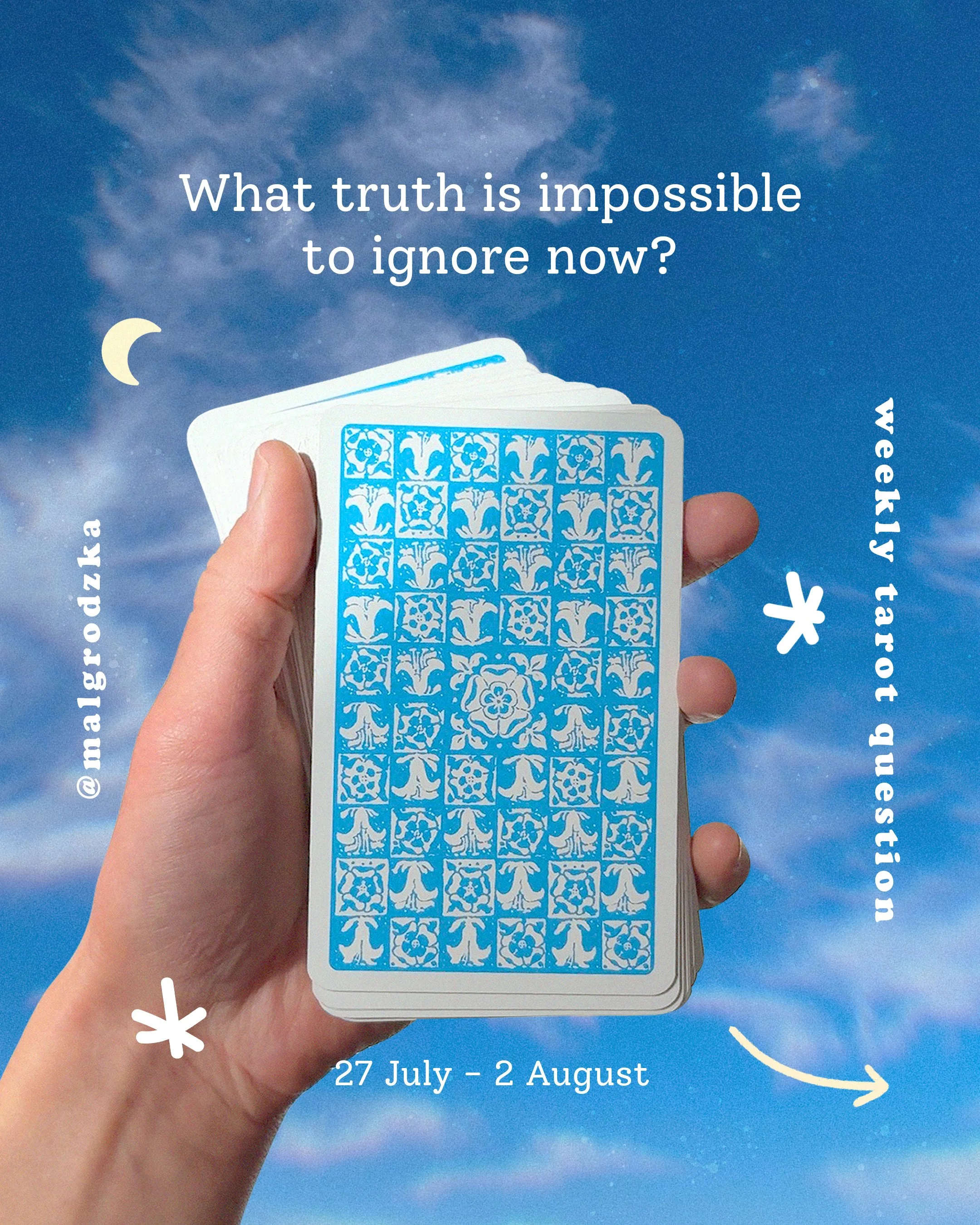 A hand holding a deck of blue and white patterned tarot cards with the sky and clouds in the background, and text overlay about an event from July 27 to August 2.