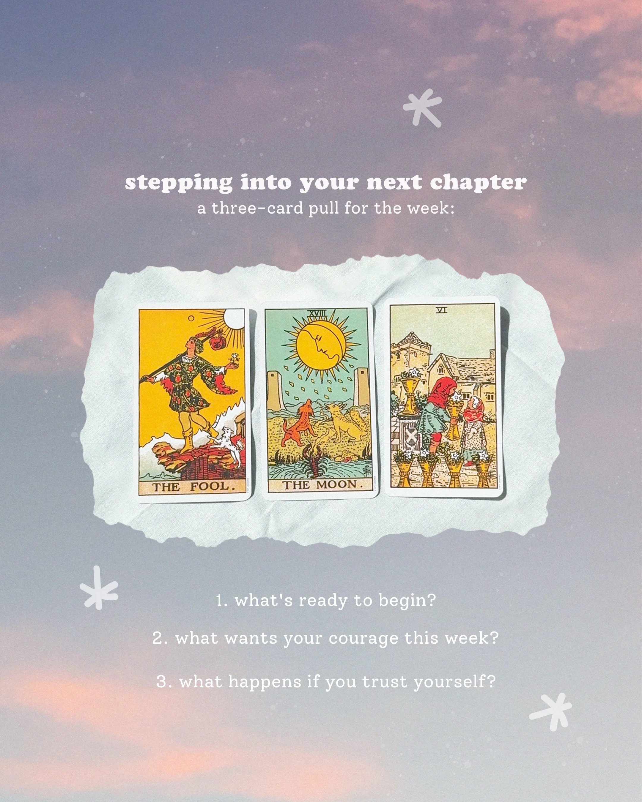 A set of three tarot cards laid out on a piece of white paper against a sky background with clouds and stars. The visible cards are The Fool, The Moon, and The Hierophant.