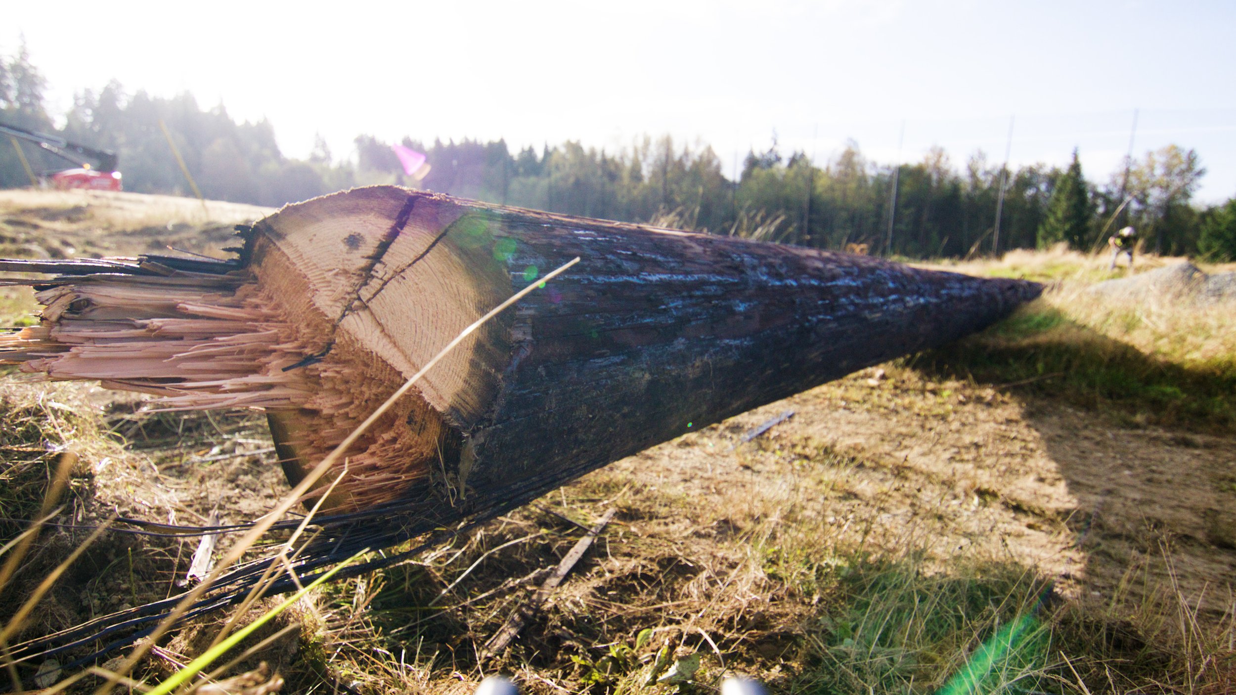 Cut wooden utility pole lying on the ground at a demolition site.