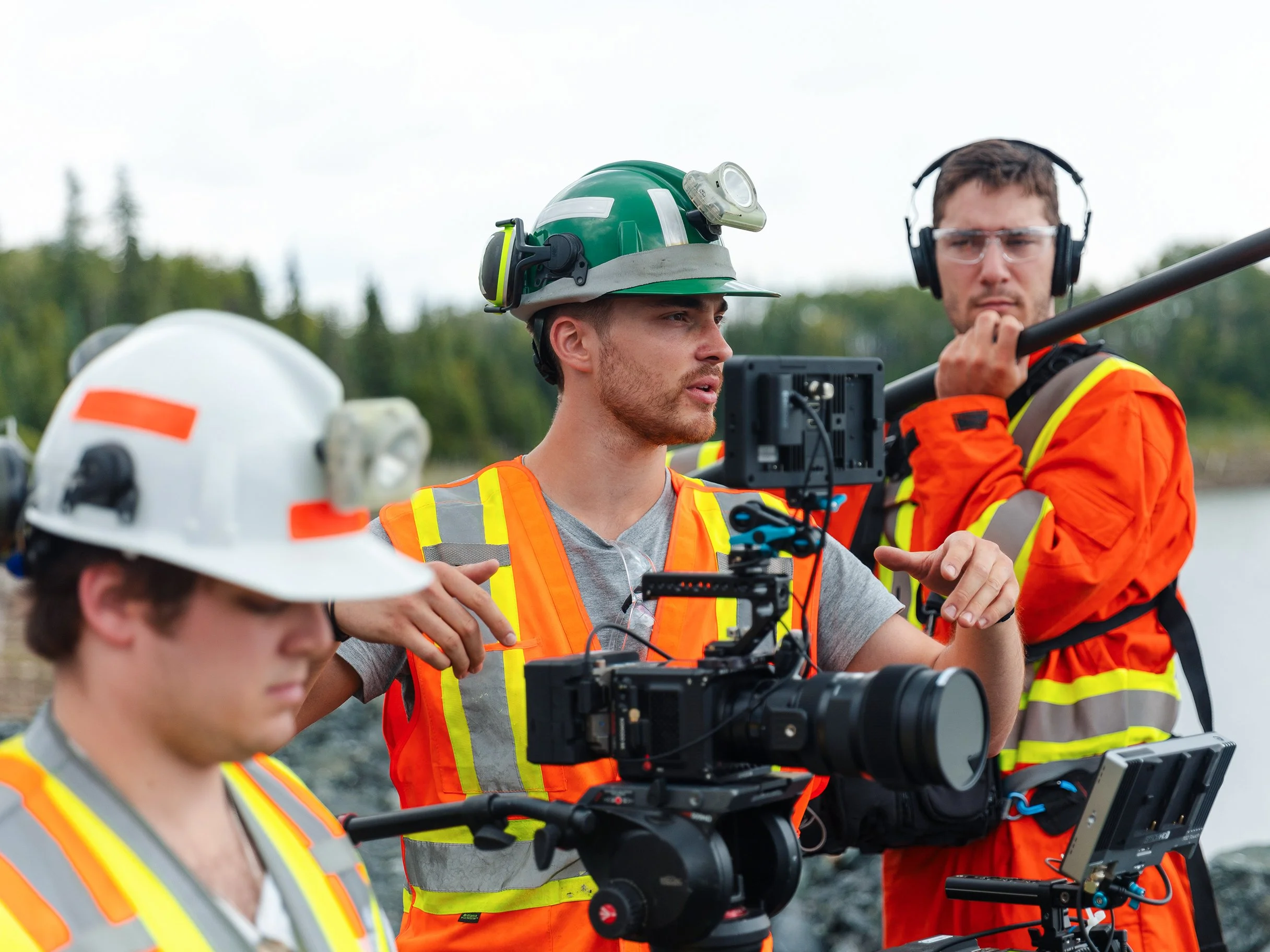 Directing an interview subject during filming at a gold mining site for West Red Lake Gold.