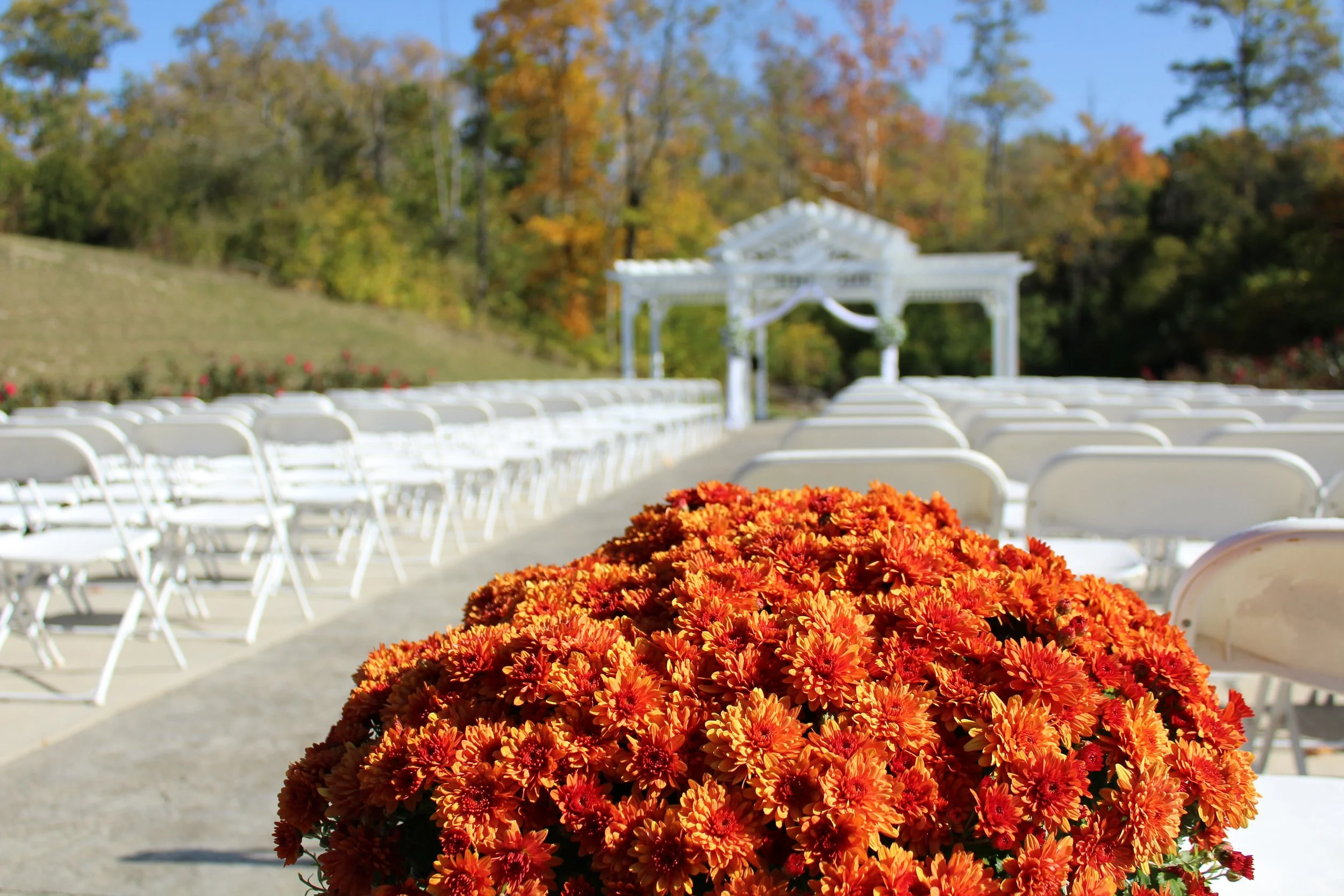 This is a scenic boho elegant rustic view of the ceremony area of the award-winning reception hall outdoor mansion wedding venue Rosewood Manor in Miamisburg at Magnolia Estate. Surrounded by the Greater Dayton, Columbus, and Cincinnati areas. 