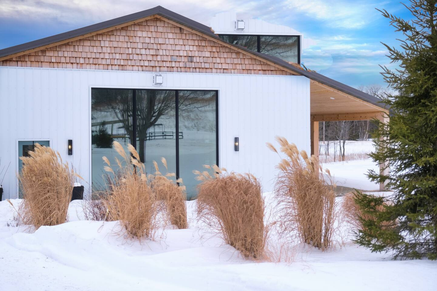 Modern house with white siding and a section of wood shingles, snowy landscape with beige ornamental grasses, and a large window reflecting trees outside.
