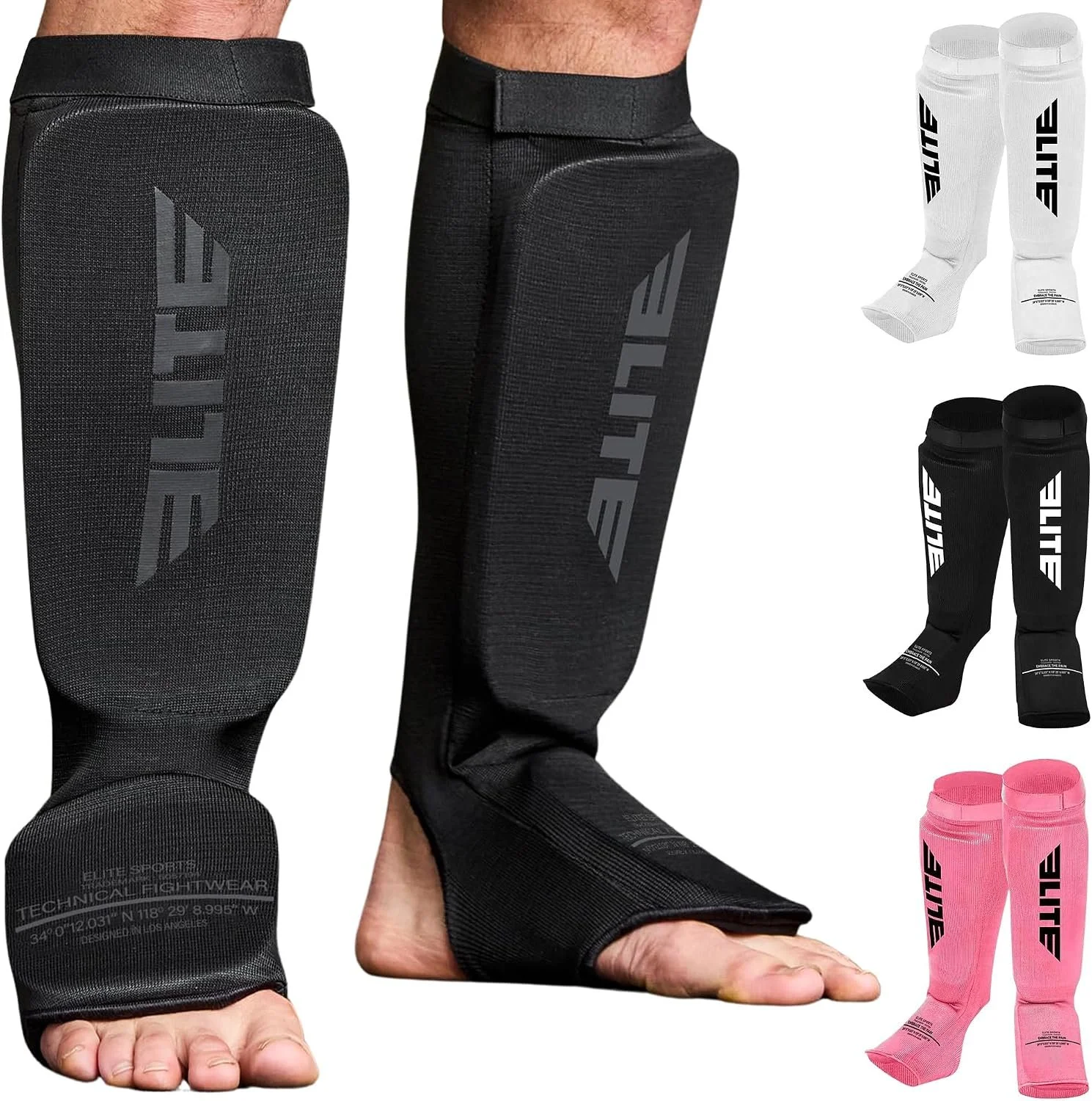 Pair of black compression sleeves on legs, two pairs of white and black knee-high socks, and two pairs of pink knee-high socks, all with branding and text, on a white background.