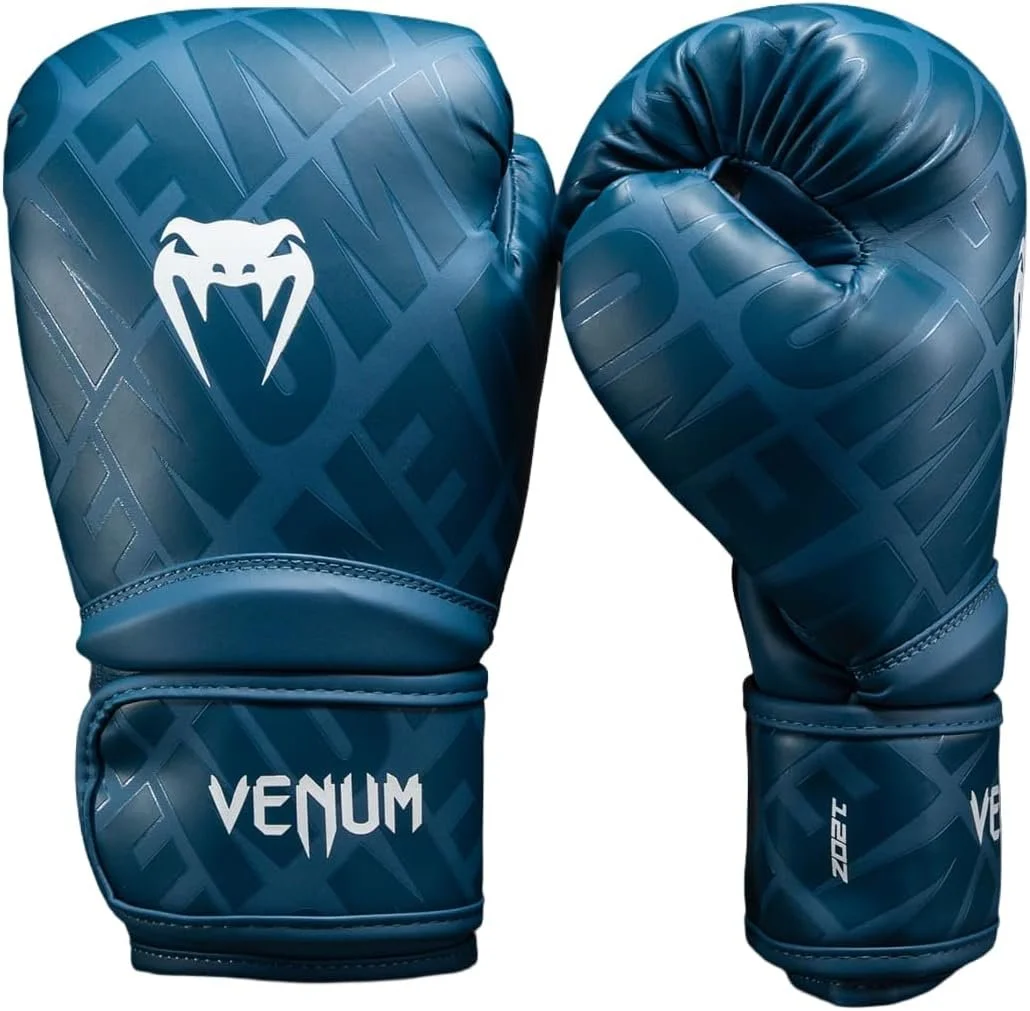 A pair of dark blue Venum brand boxing gloves with a snake logo on the left glove, placed side by side.