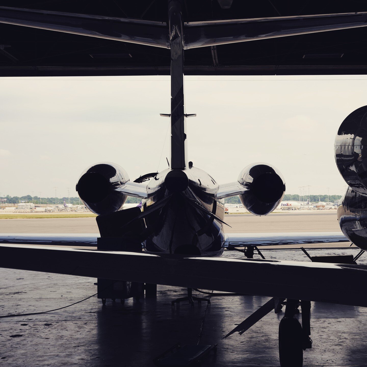 A Lear jet in our hangar for routine maintenance.