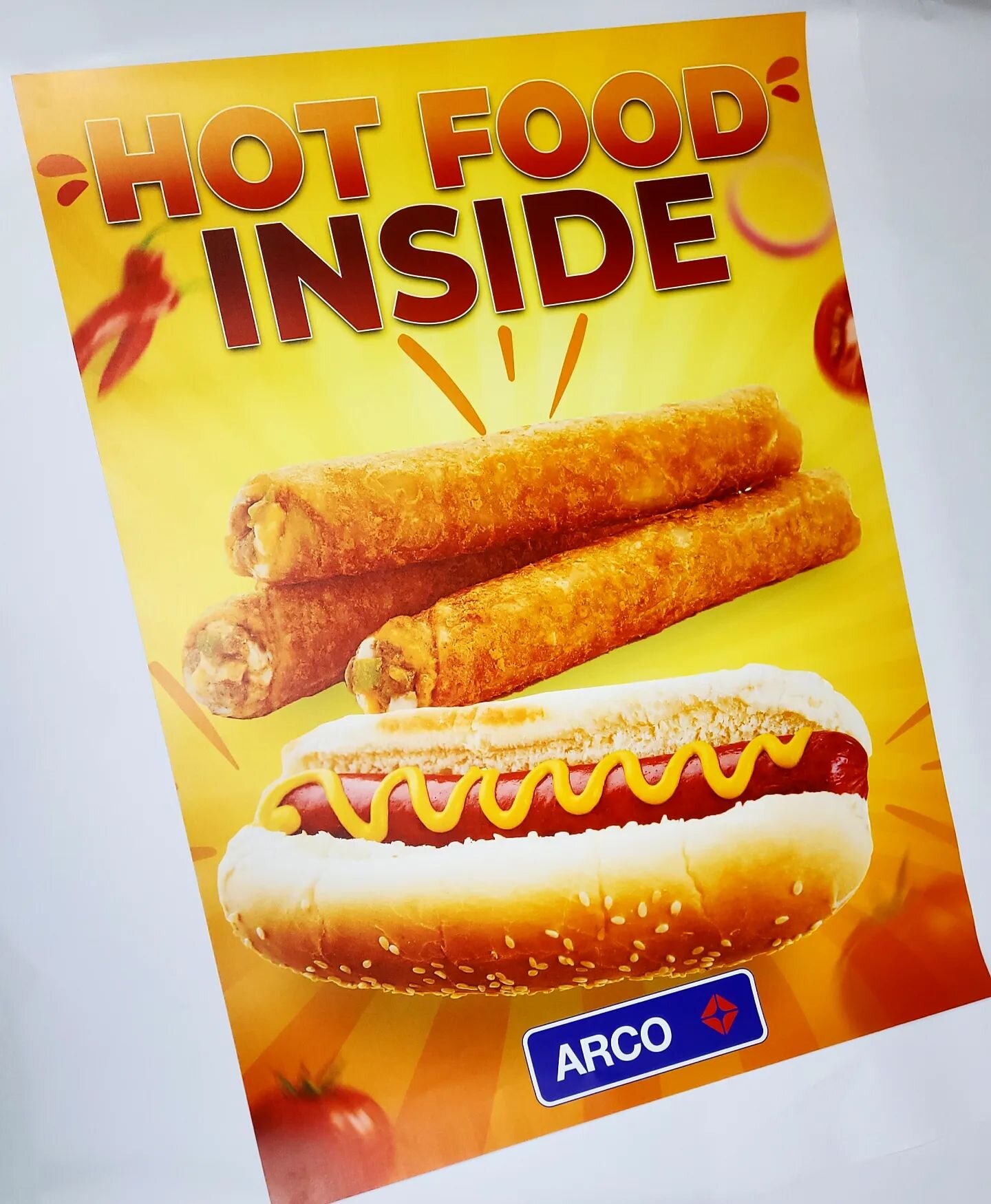 &quot;Hot Food Inside&quot; Poster designed and printed for Arco Gas Stations across Southern California!

#posters #posterprinting #posterdesign #design #graphicdesign #design4u #d4u #arco #arcogasstation #gasstation #hotdogs #taquitos #hotfood #foo