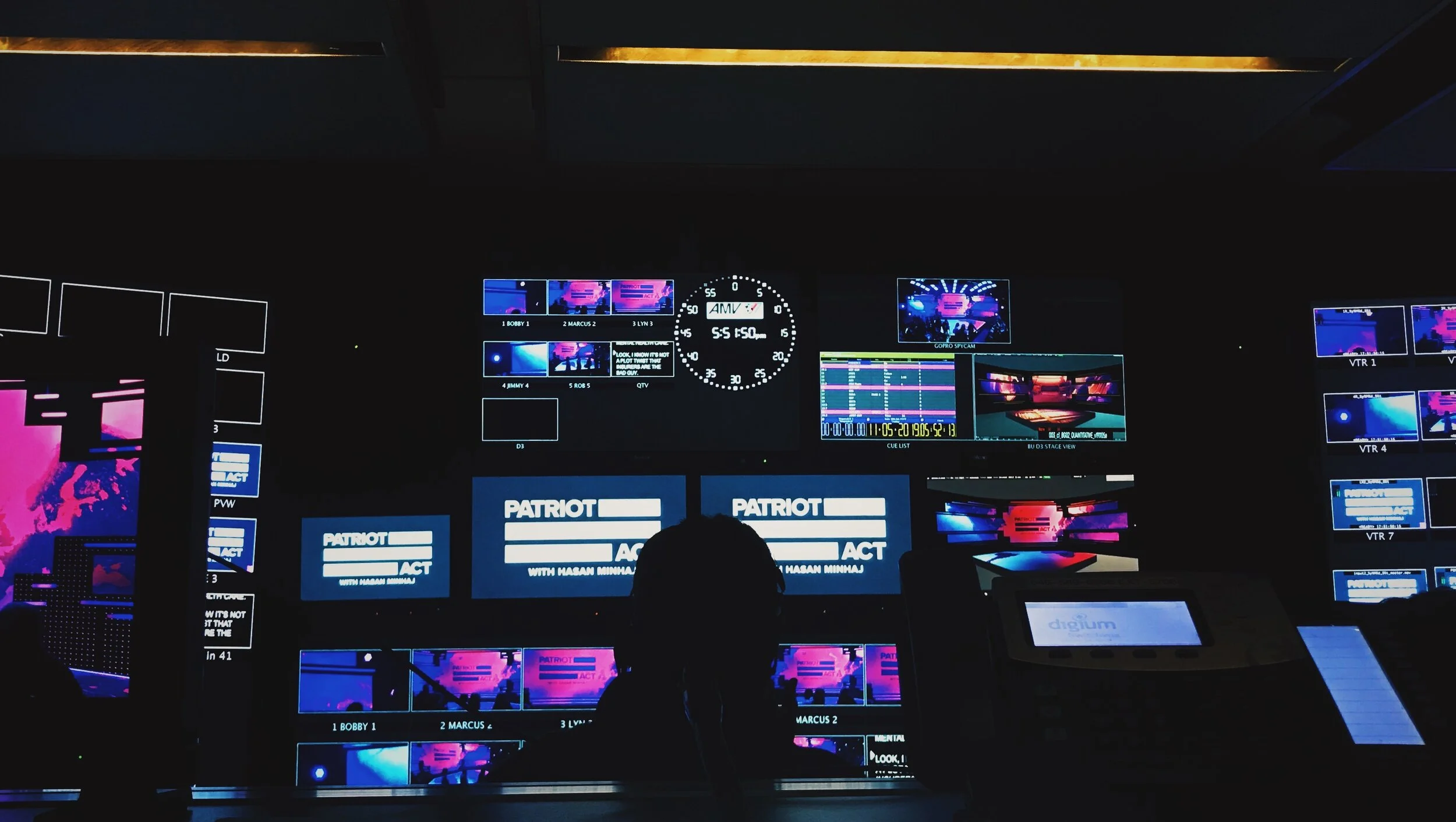   View from my station in the control room.  Wednesday rehearsals and Thursday show days were spent here going over every angle of the show (quite literally!) while relaying notes/changes between the production team in the control room, Hasan on the 