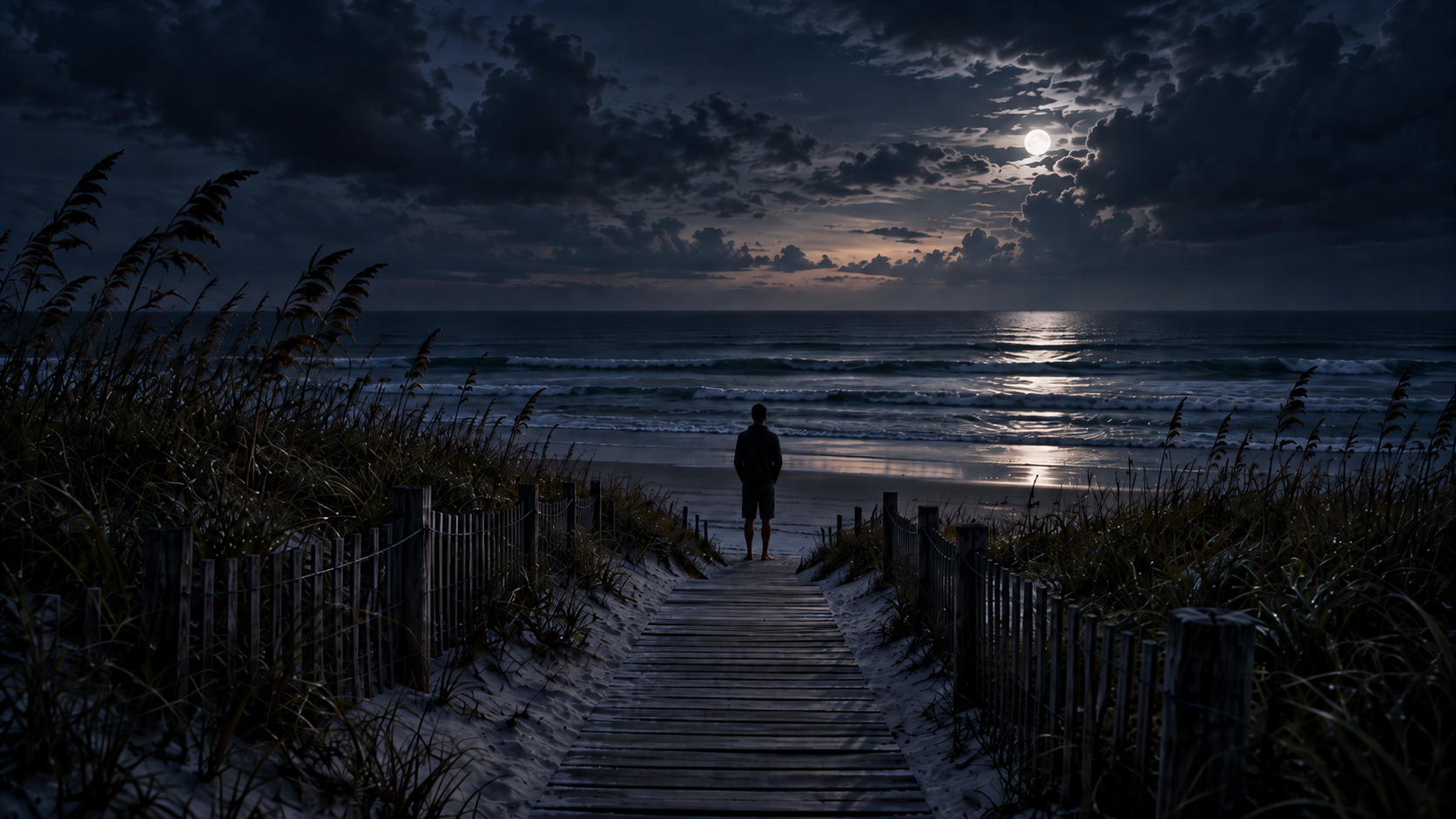 A dark night on the beach with an individual looking out over the water