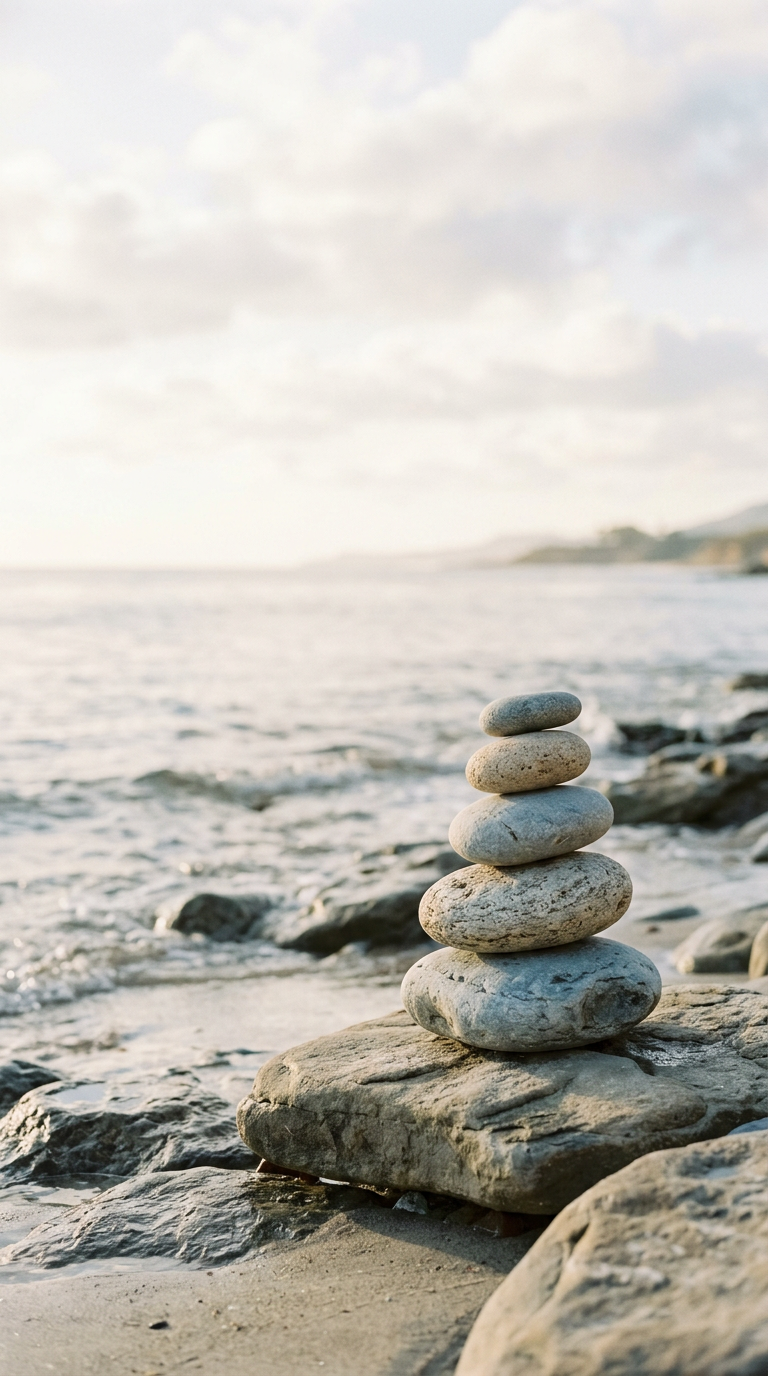 A stack of seven smooth stones balanced on a larger flat rock on a beach with the ocean and cloudy sky in the background.