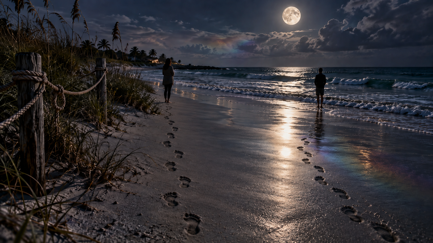 A dark night on the beach with one person looking at another