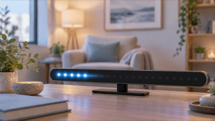 A modern lightbar with blue LED lights on a wooden table in a cozy therapy office.