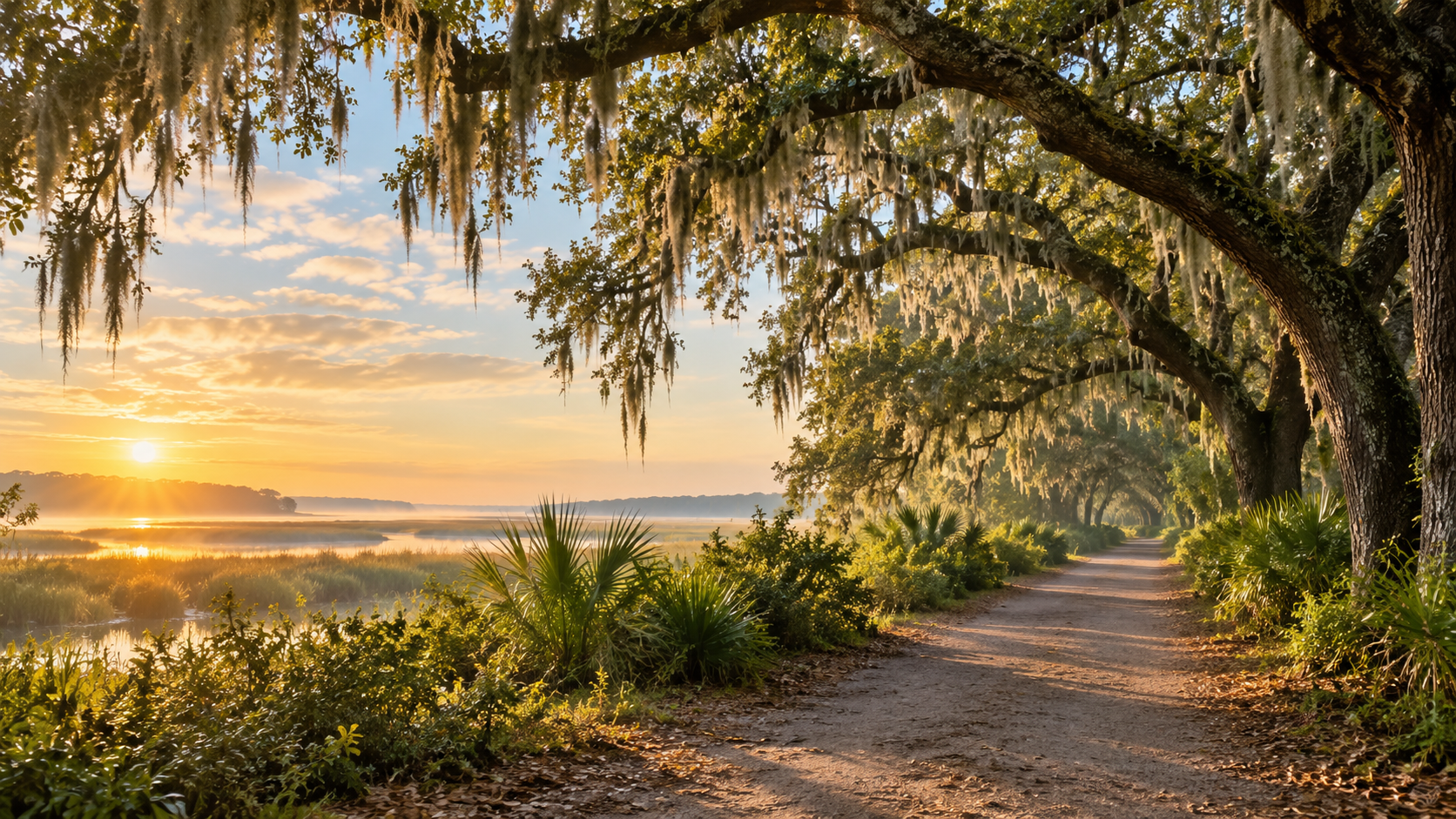 Scenic view of path with oak trees looking at water