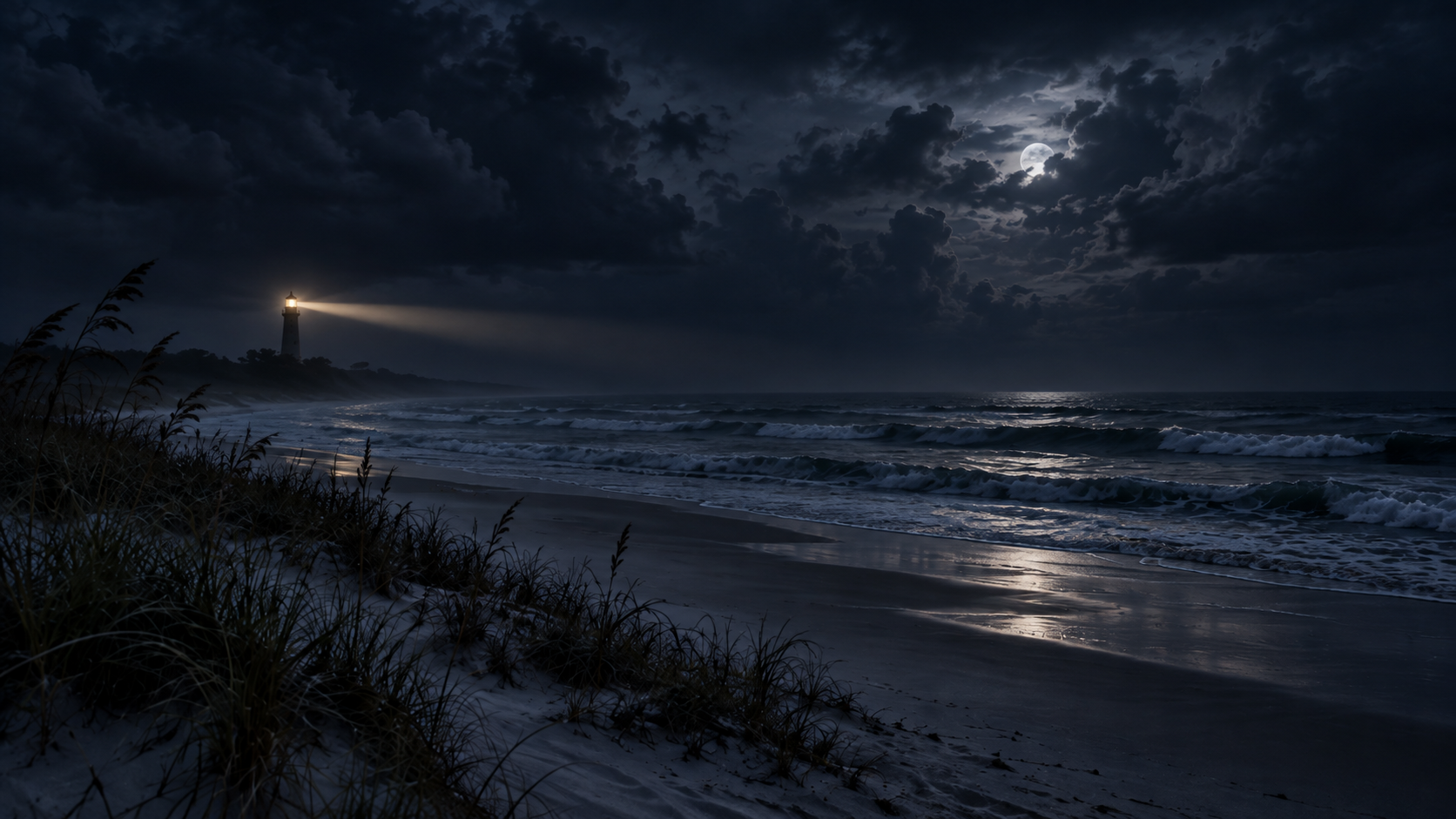 A dark night on the beach with a light house illuminating over the ocean