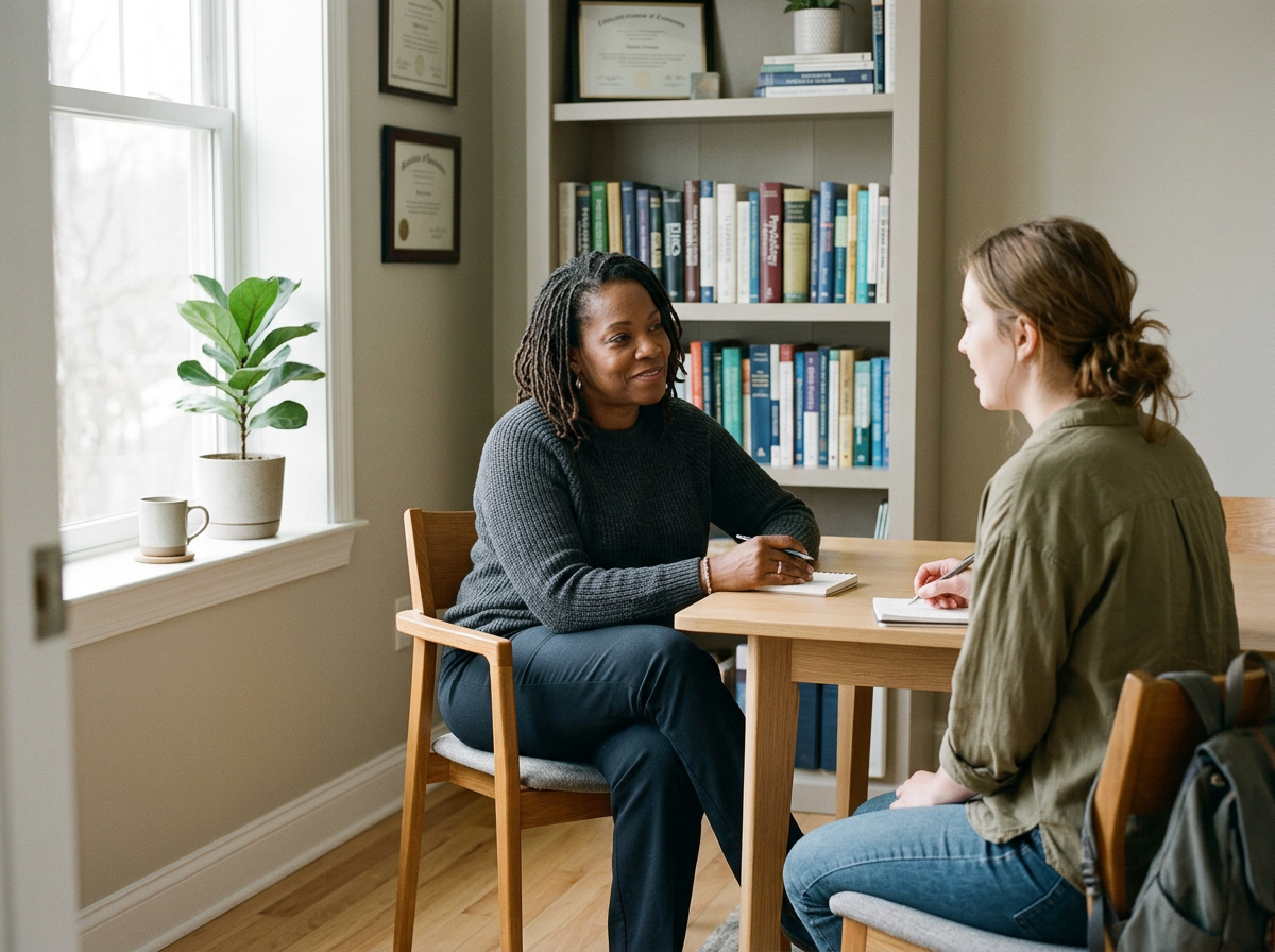 Two women sitting across from each other at a wooden table having a conversation in a room with a bookshelf and window.