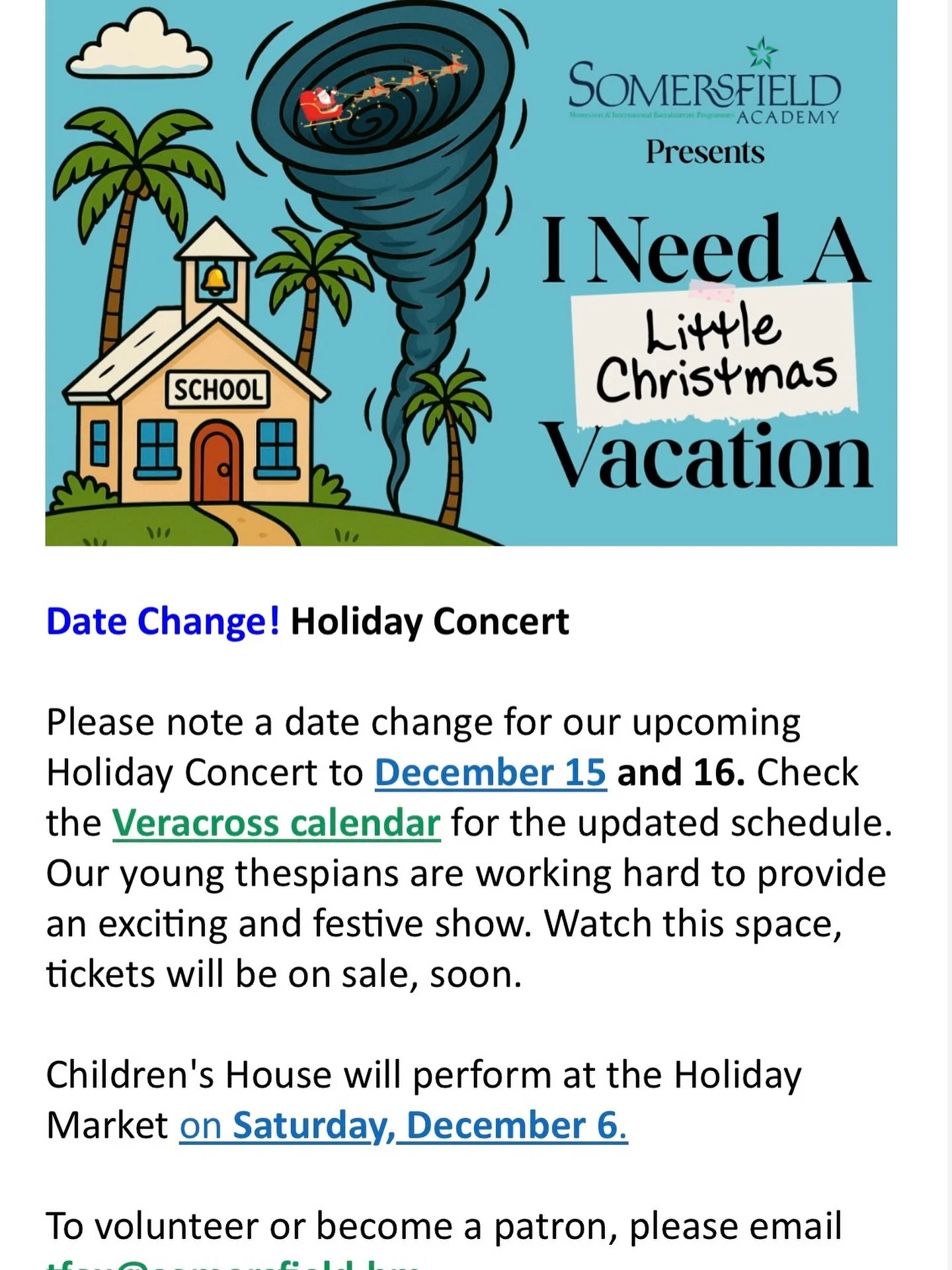 👆Please note a date change for our upcoming Holiday Concert to December 15 and 16. Our young thespians are working hard to provide an exciting and festive show.

😲What happens when a storm hits on the last day of school and Christmas vacation is ca