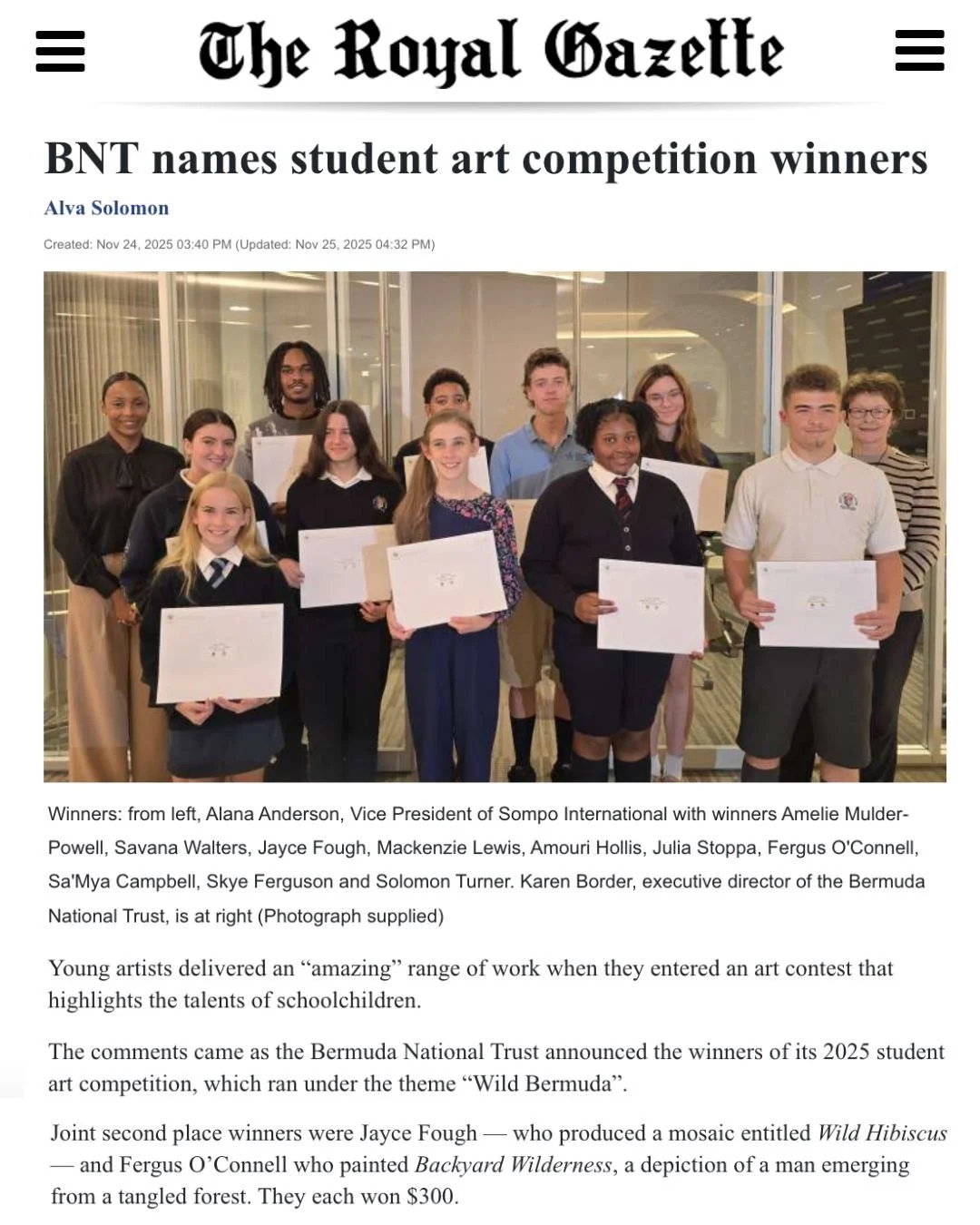 Congratulations to Fergus O&rsquo;Connell &rsquo;27, who earned joint second place in the Bermuda National Trust&rsquo;s 2025 Student Art Competition. Selected from more than 200 entries, his piece Backyard Wilderness stood out for its striking portr