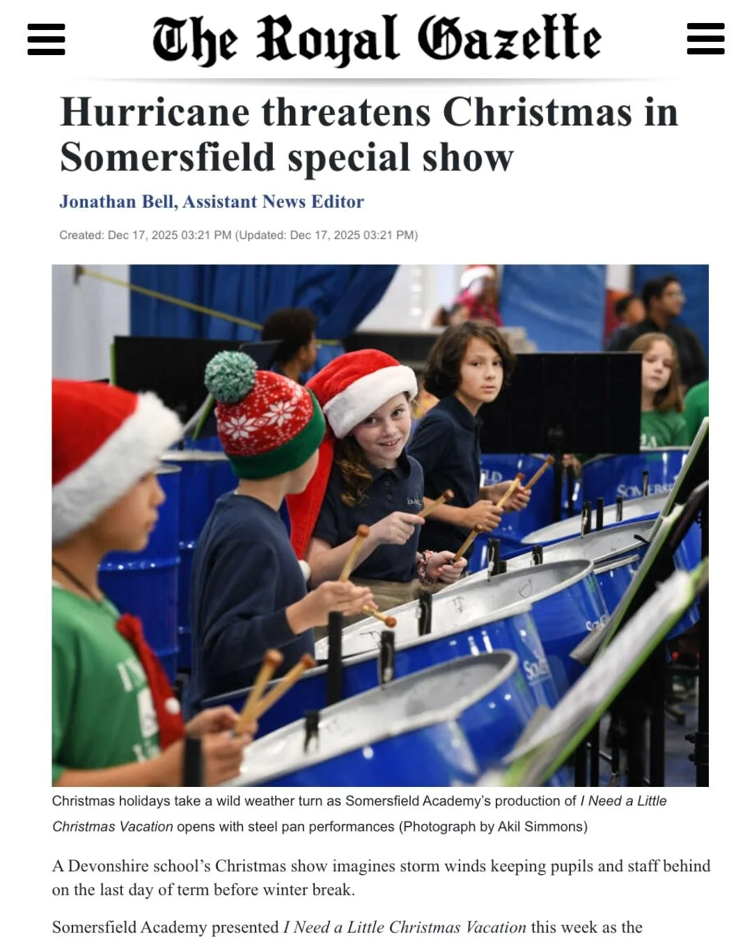Somersfield Academy&rsquo;s Holiday Production, "I Need a Little Christmas Vacation", was featured in @theroyalgazette this week. The article highlighted the playful storyline, which imagines a hurricane keeping students and staff at school