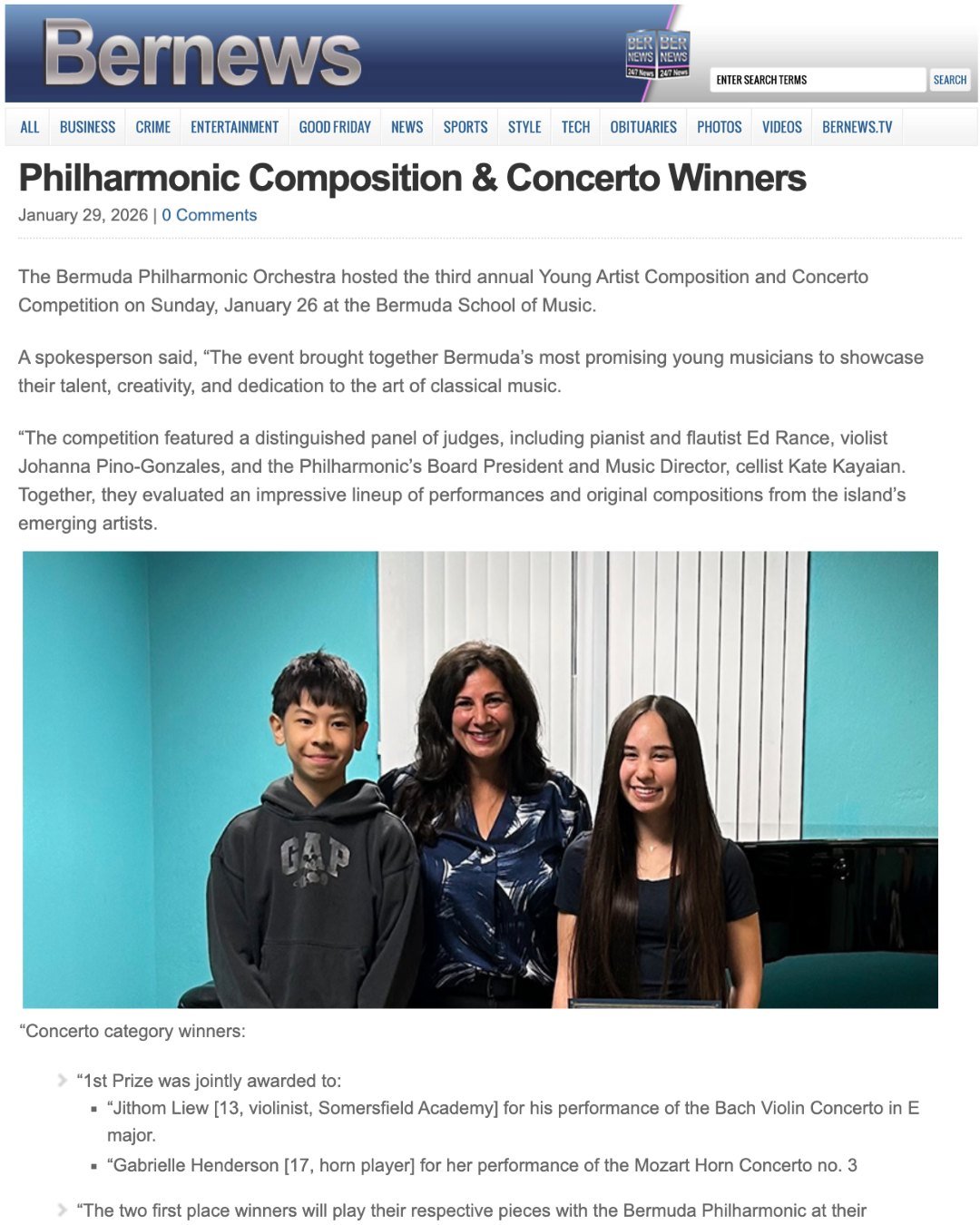 A huge congratulations to Jithom Liew &rsquo;30 who was named a Concerto Category 1st Prize winner at the Bermuda Philharmonic Orchestra&rsquo;s Young Artist Composition and Concerto Competition.

Jithom&rsquo;s performance of the Bach Violin Concert