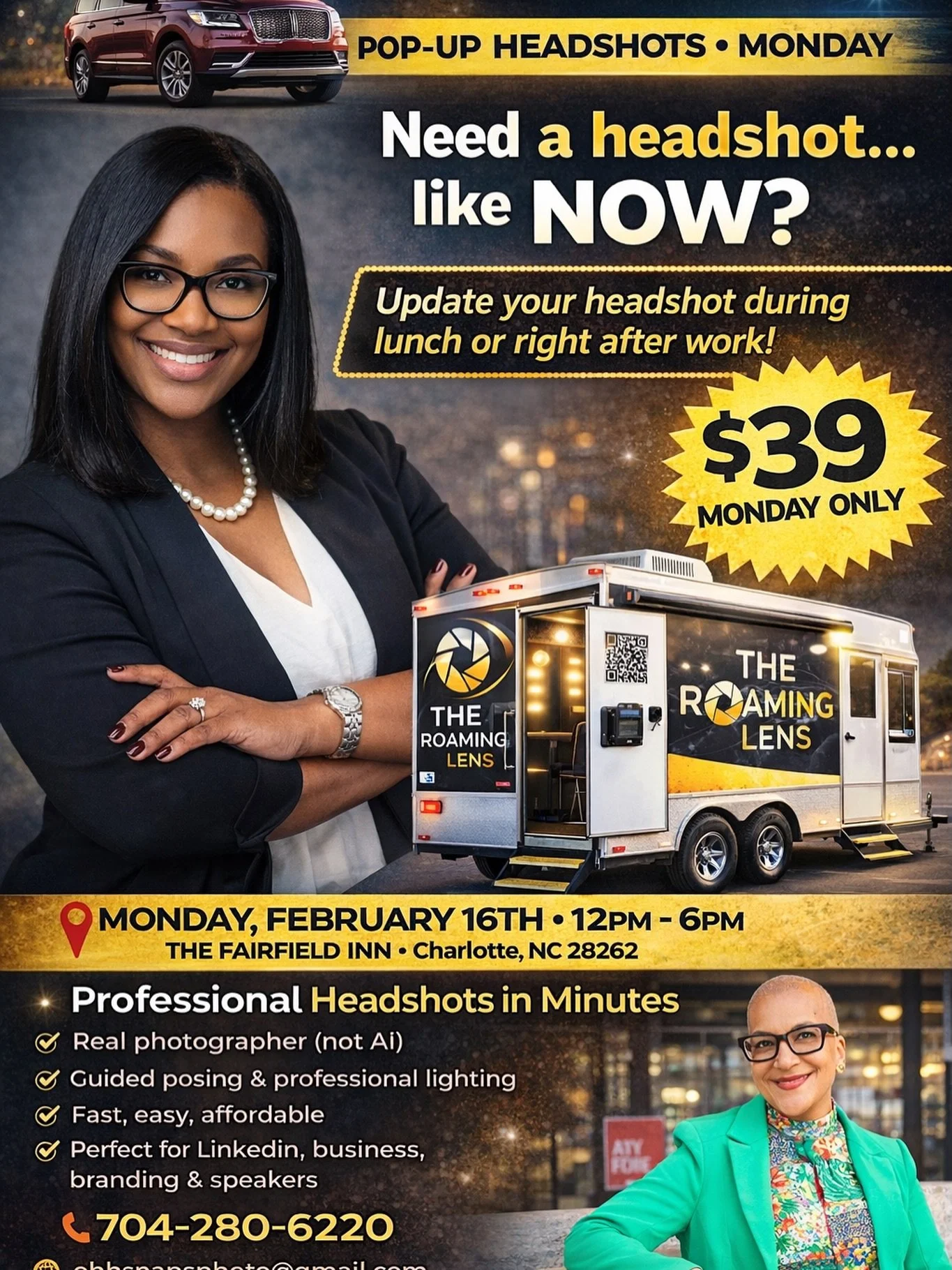 HEADSHOT REMINDER

Tomorrow | 12&ndash;6 | The Roaming Lens

Professional headshots for $39.  Yes&hellip;really!!
Additional poses $30.
48-hour turnaround.

If your current headshot is outdated&hellip; this is your sign. 

Pull up. Get it done.