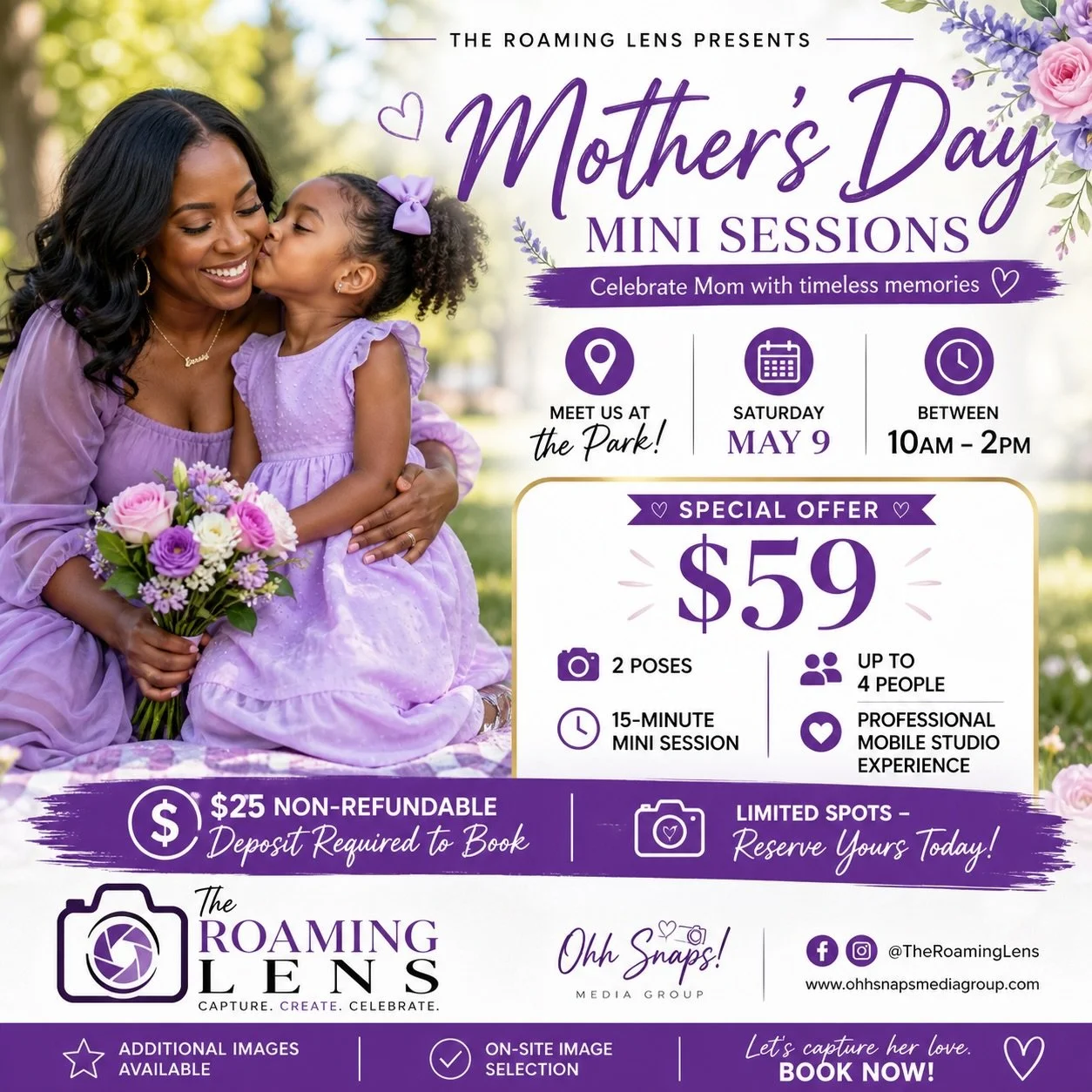 This Mother&rsquo;s Day, give her something she&rsquo;ll actually keep forever &mdash; beautiful, professional photos with the people she loves most.

✨ 15-minute mini sessions
✨ 2 poses
✨ Up to 4 people
✨ ONLY $59

📍 Meet us at the park
🗓 Saturday