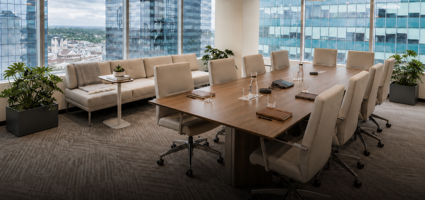 Boardroom with city views at Bell Tower, a corporate workplace in Edmonton, commercial interior design by Insite