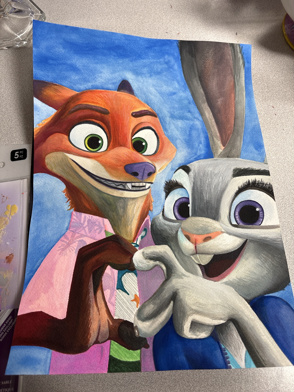 Original colorful fox and rabbit character painting by Salvador Vargas III, showcasing illustrative artwork and bold color.