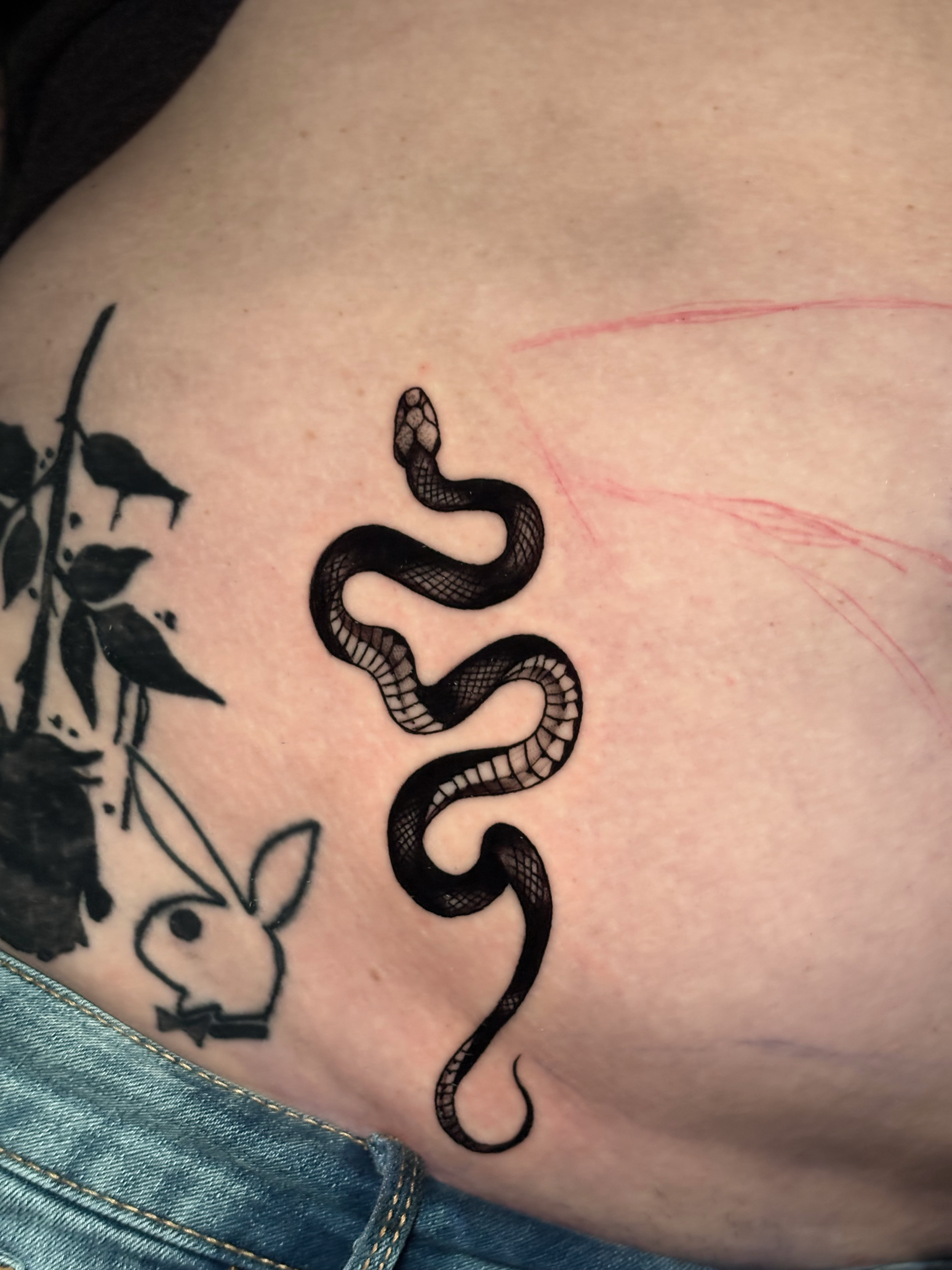 Close-up of a tattoo of a snake on a person's skin, with part of a floral design visible nearby and clothing edge at the bottom.