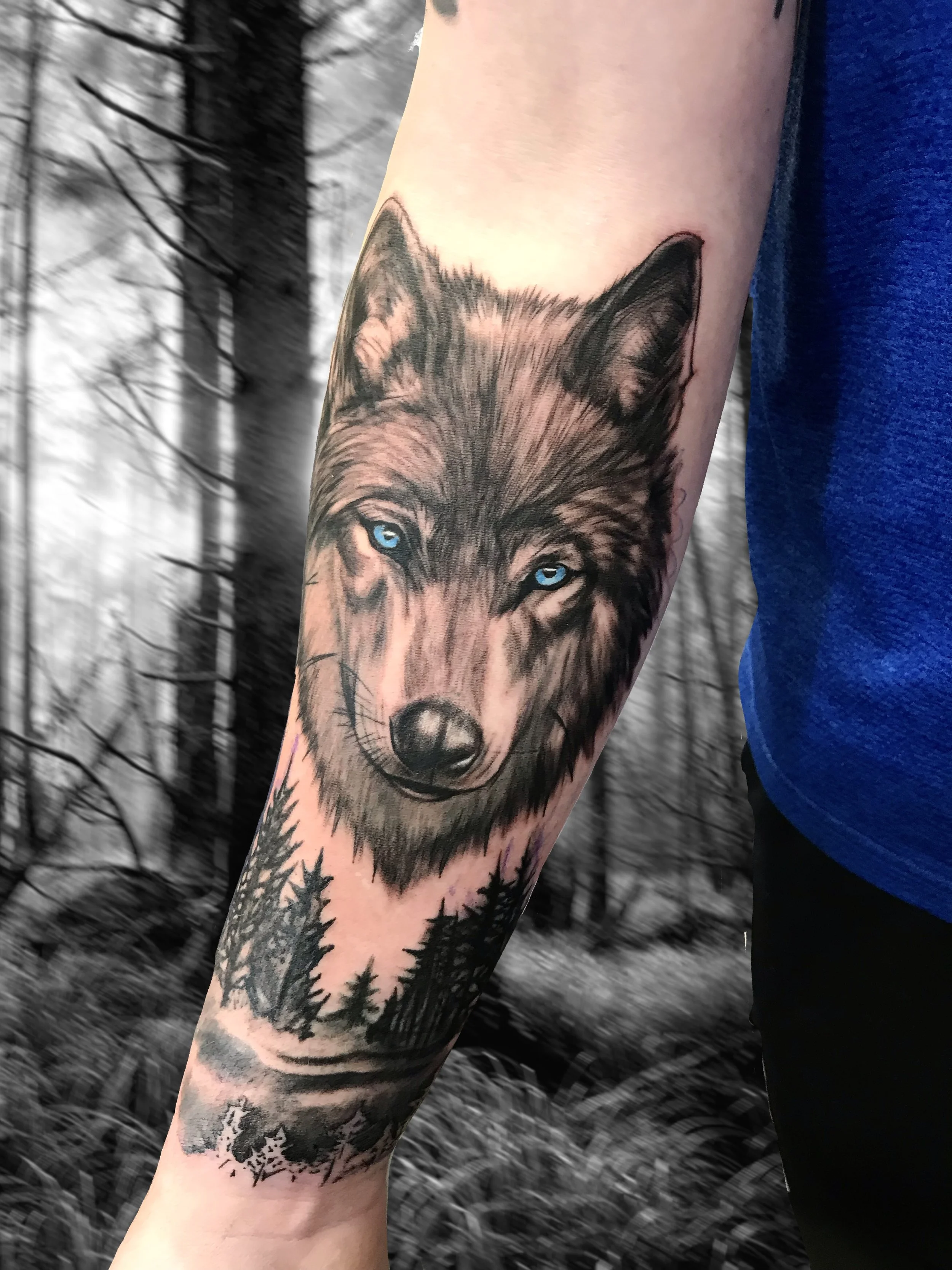 Tattoo of a wolf with blue eyes on a person's forearm, with a forest scene below, set against a background of a black and white forest.