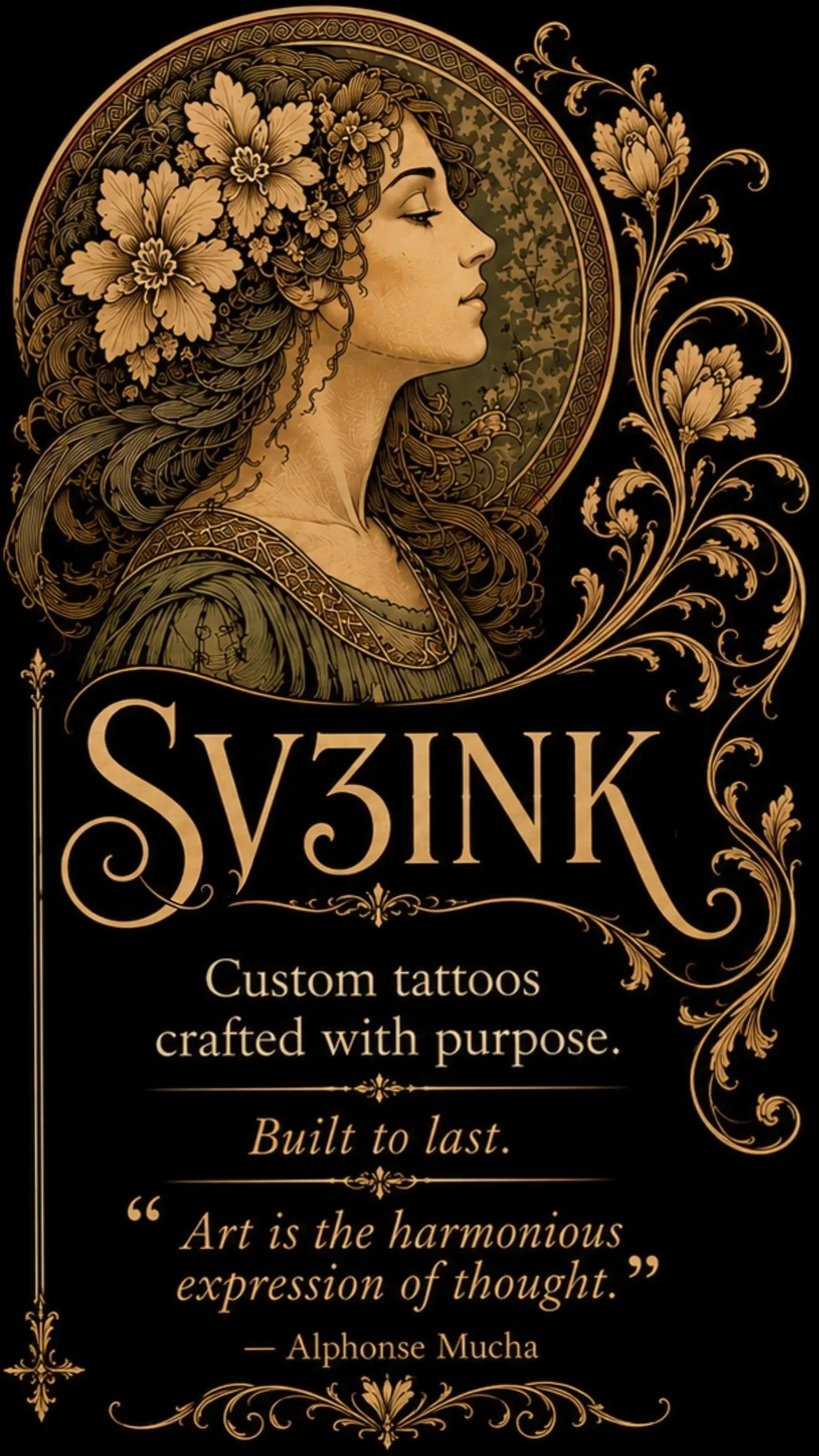 Custom tattoo artwork inspired by art nouveau and alphonso much, designed by SV3ink